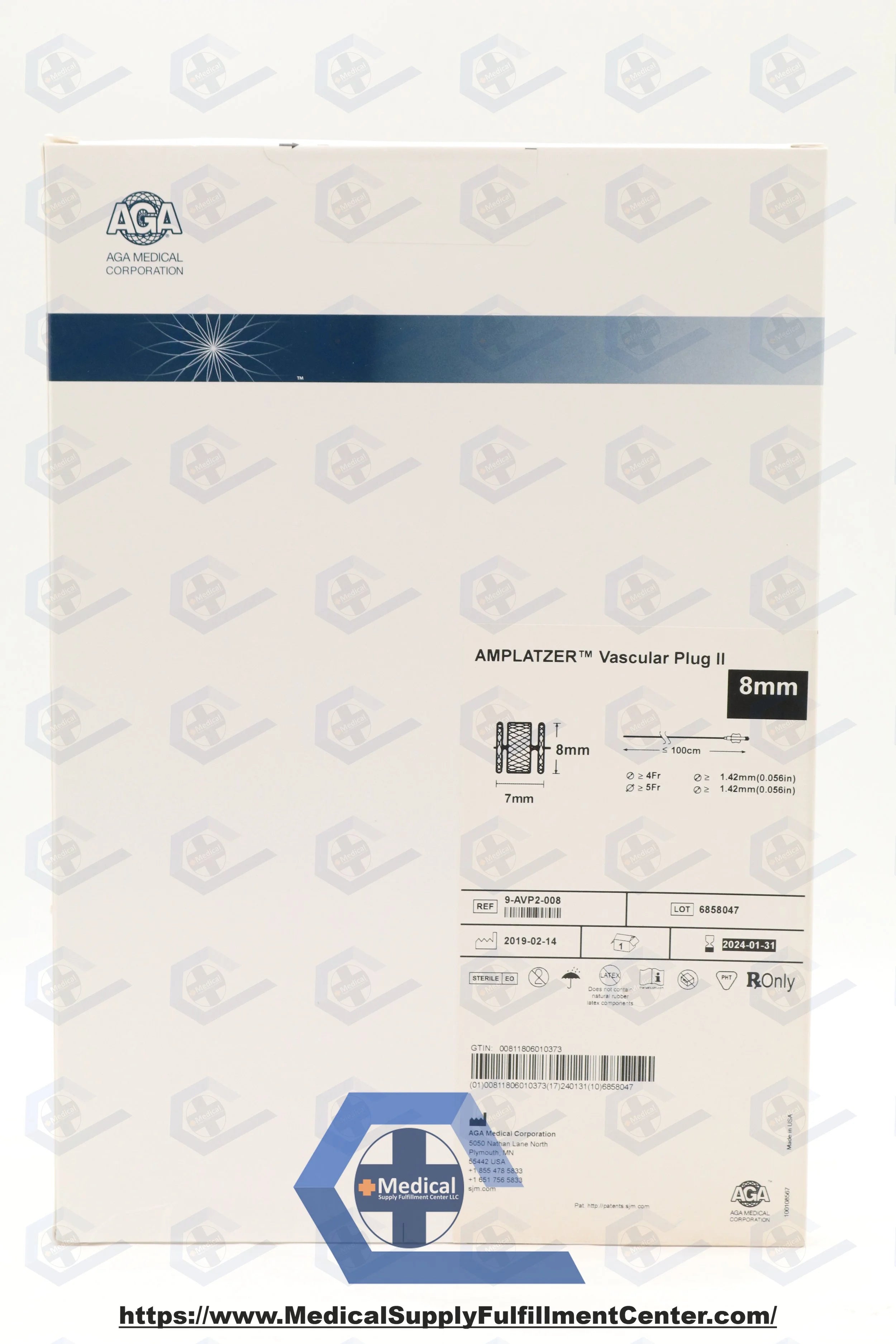 AGA Medical | 9-AVP2-008 | ABBOTT Amplatzer Vascular Plug II, 8 Device Diameter x 7 mm Unconstrained Length, 4 Fr Sheath Minimum Size, 5 Fr Guide Catheter, 1.42 mm Minimum ID