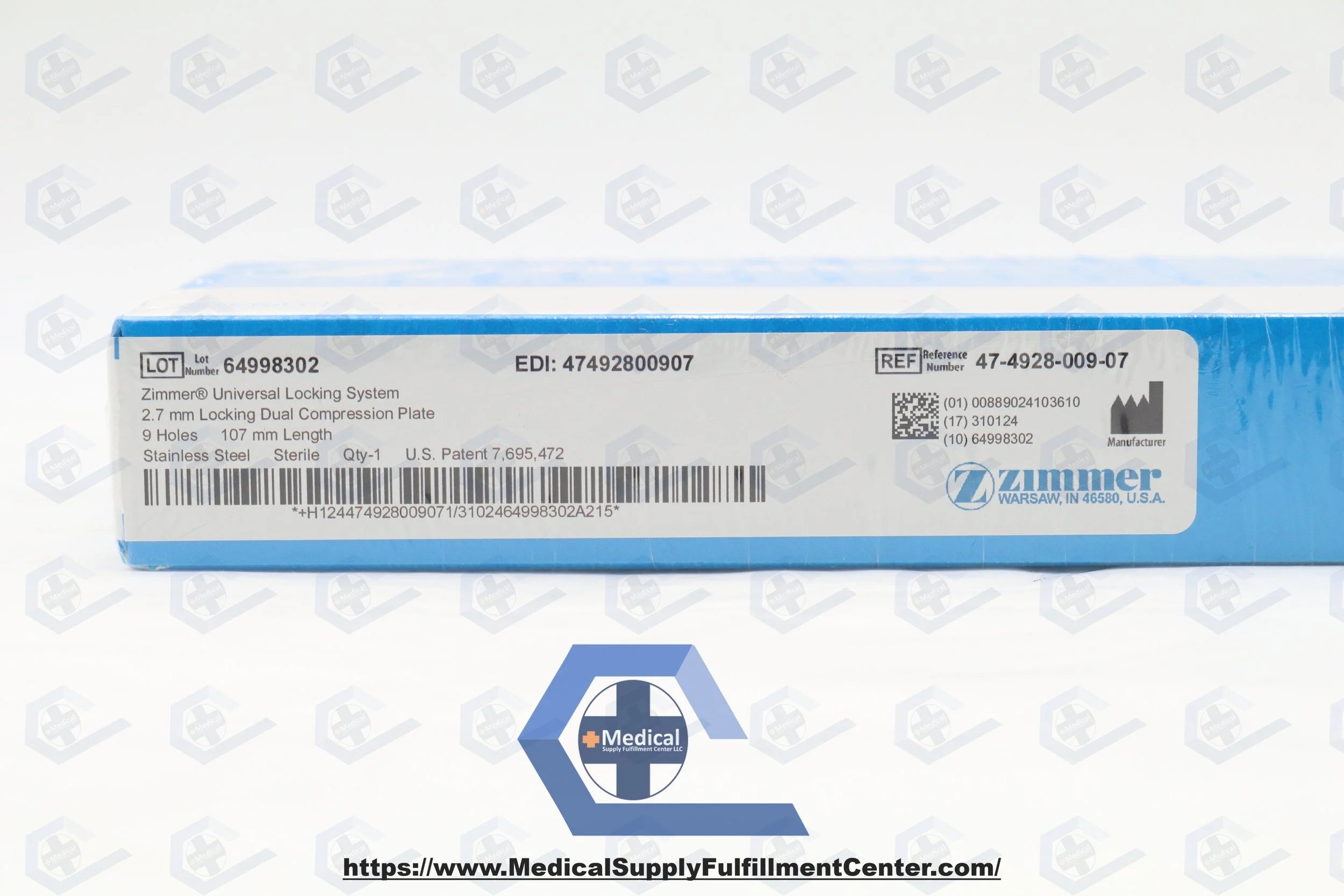Zimmer Biomet | 47-4928-009-07 | Small Fragment Universal Locking System 2.7mm Locking Dual Compression Plate, 9 Hole, 107mm, Sterile