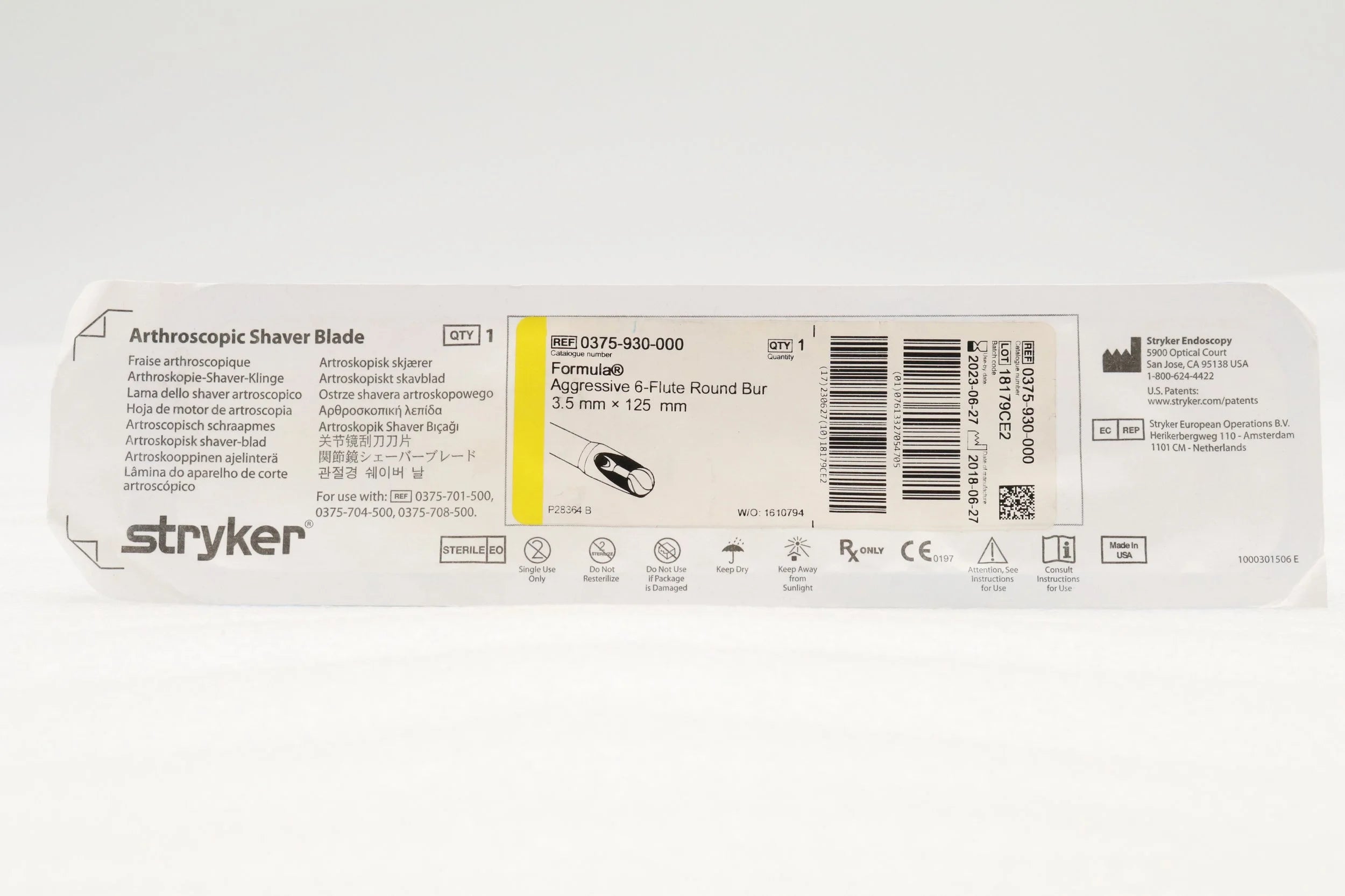 Stryker | 0375-930-000 | Arthroscopic Shaver Blade Formula Aggressive 6-Flute Round Bur 3.5mm x 125mm