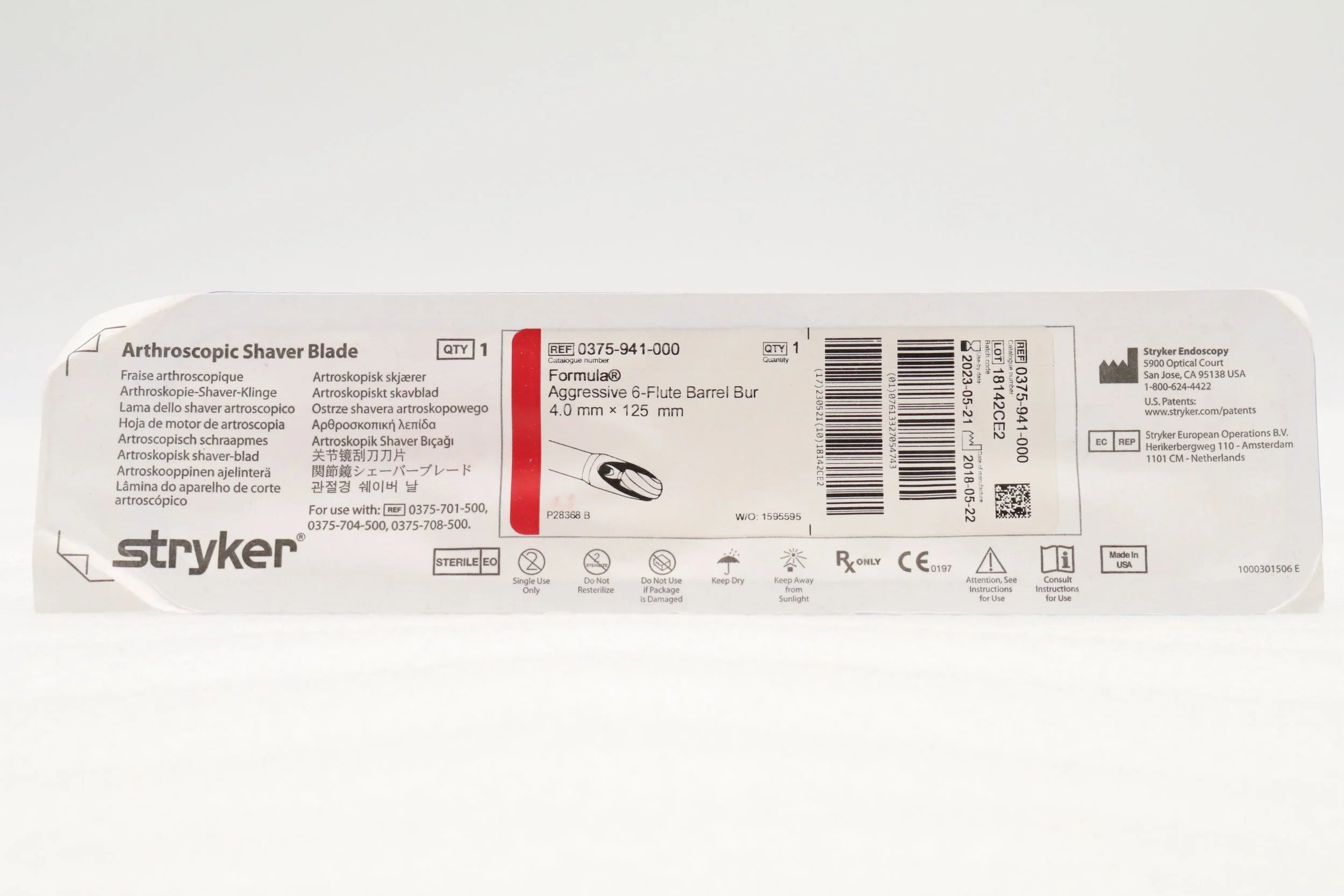 Stryker | 0375-941-000 | Arthroscopic Shaver Blade Formula Aggressive 6-Flute Barrel Bur 4.0mm x 125mm