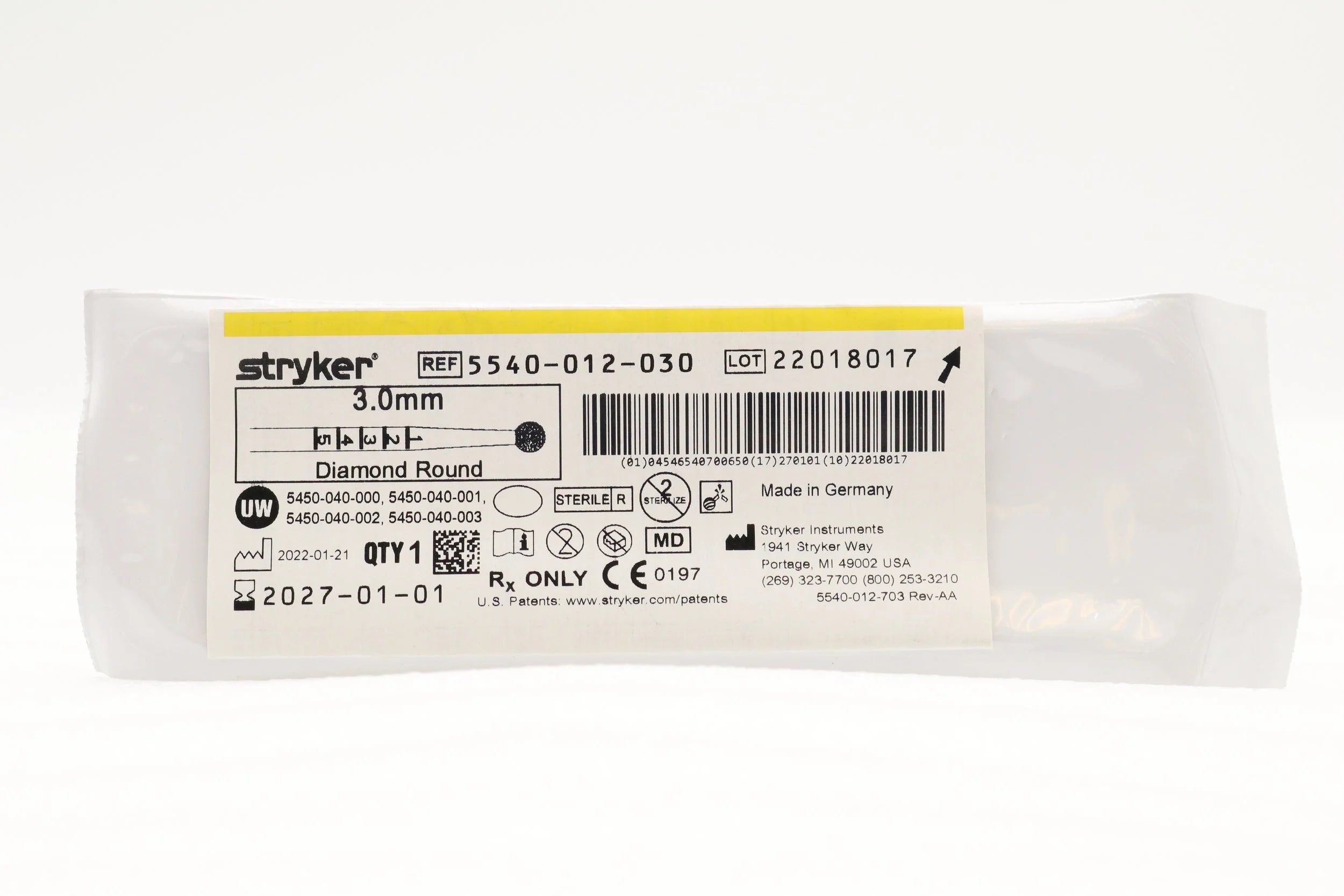 Stryker | 5540-012-030 | S2 DIAMOND ROUND BUR 3.0MM