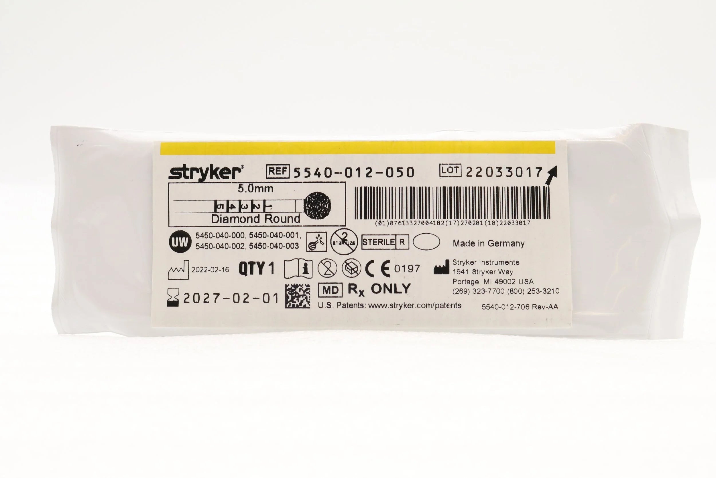 Stryker | 5540-012-050 | S2 DIAMOND ROUND BUR 5.0MM