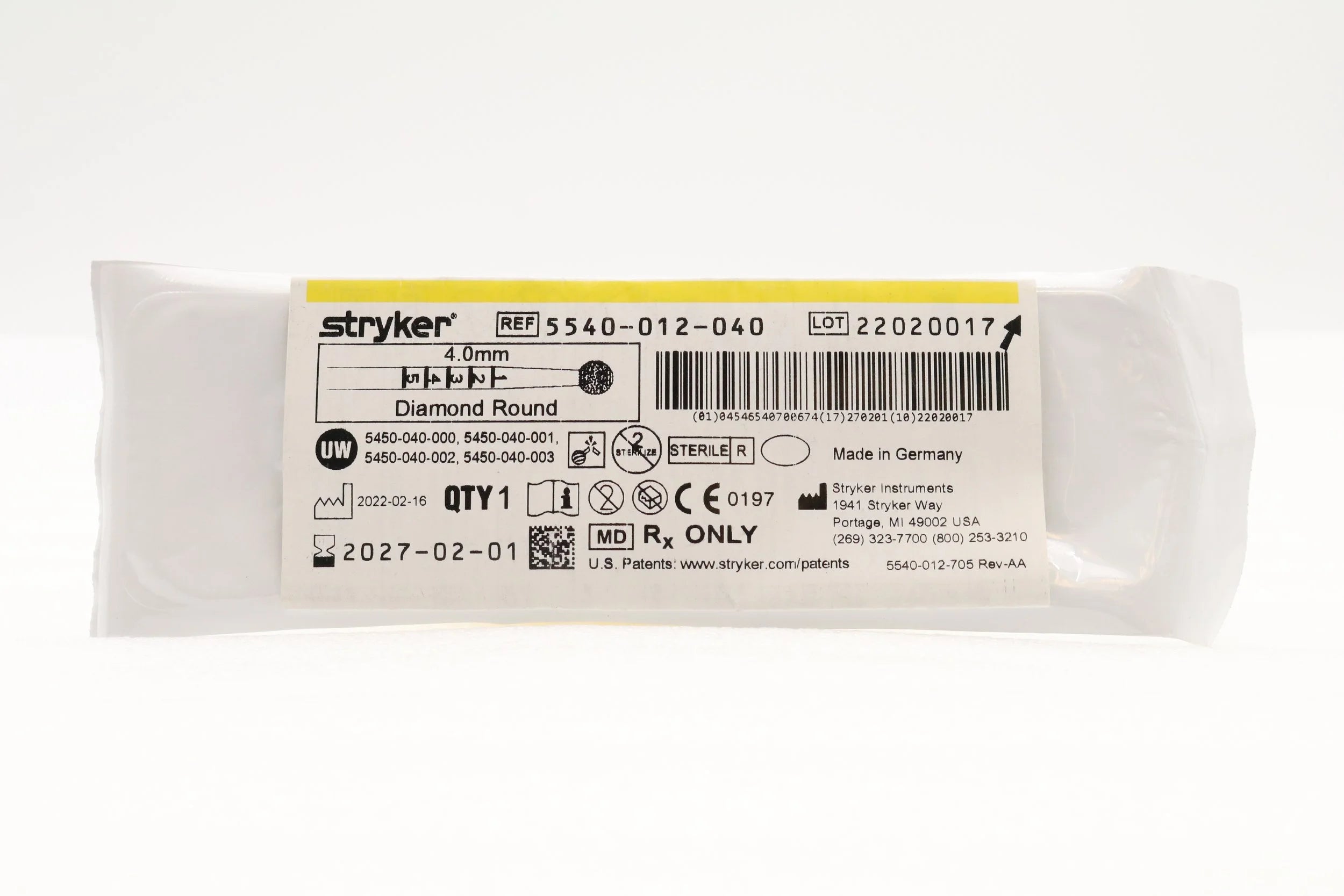 Stryker | 5540-012-040 | S2 DIAMOND ROUND BUR 4.0MM