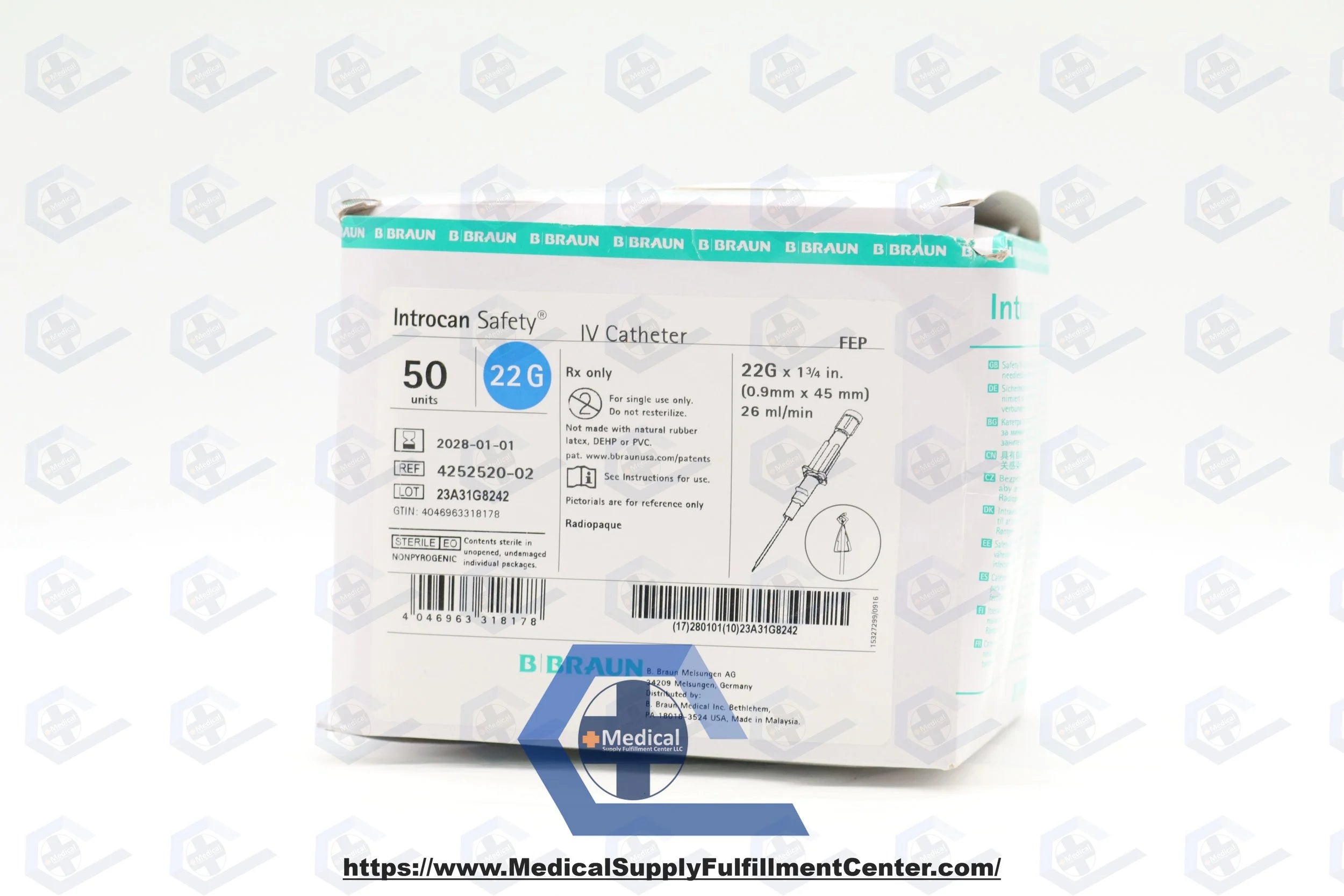B Braun | 4252520-02 | Introcan Safety IV Catheter 22G x 1.75" FEP, Straight