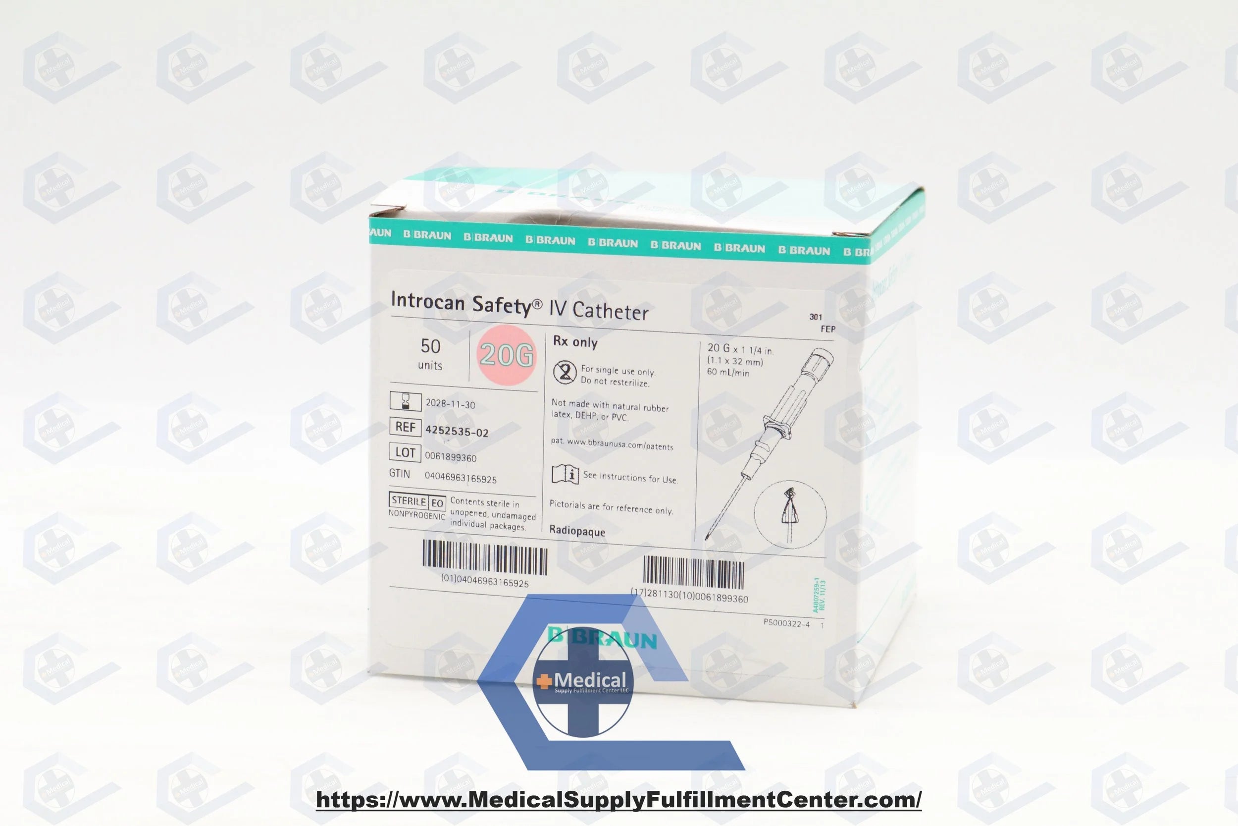 B Braun | 4252535-02 | Introcan Safety IV Catheter 20G x 1.25" FEP, Straight