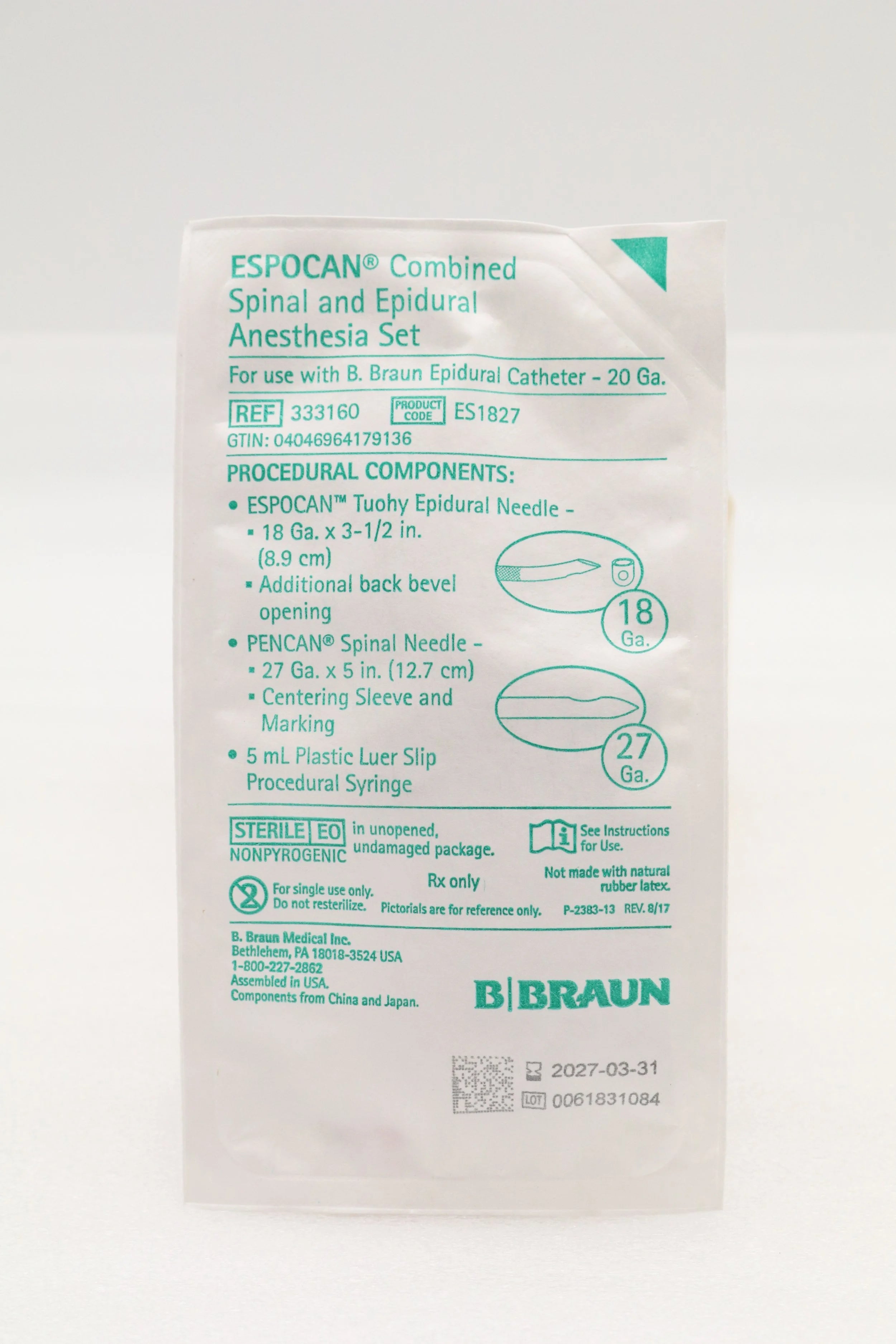 B Braun | 333160 | ESPOCAN SPINAL/EPIDURAL SET WITH 18 GA. TUOHY & 27 GA. SLEEVED PENCAN NEEDLE