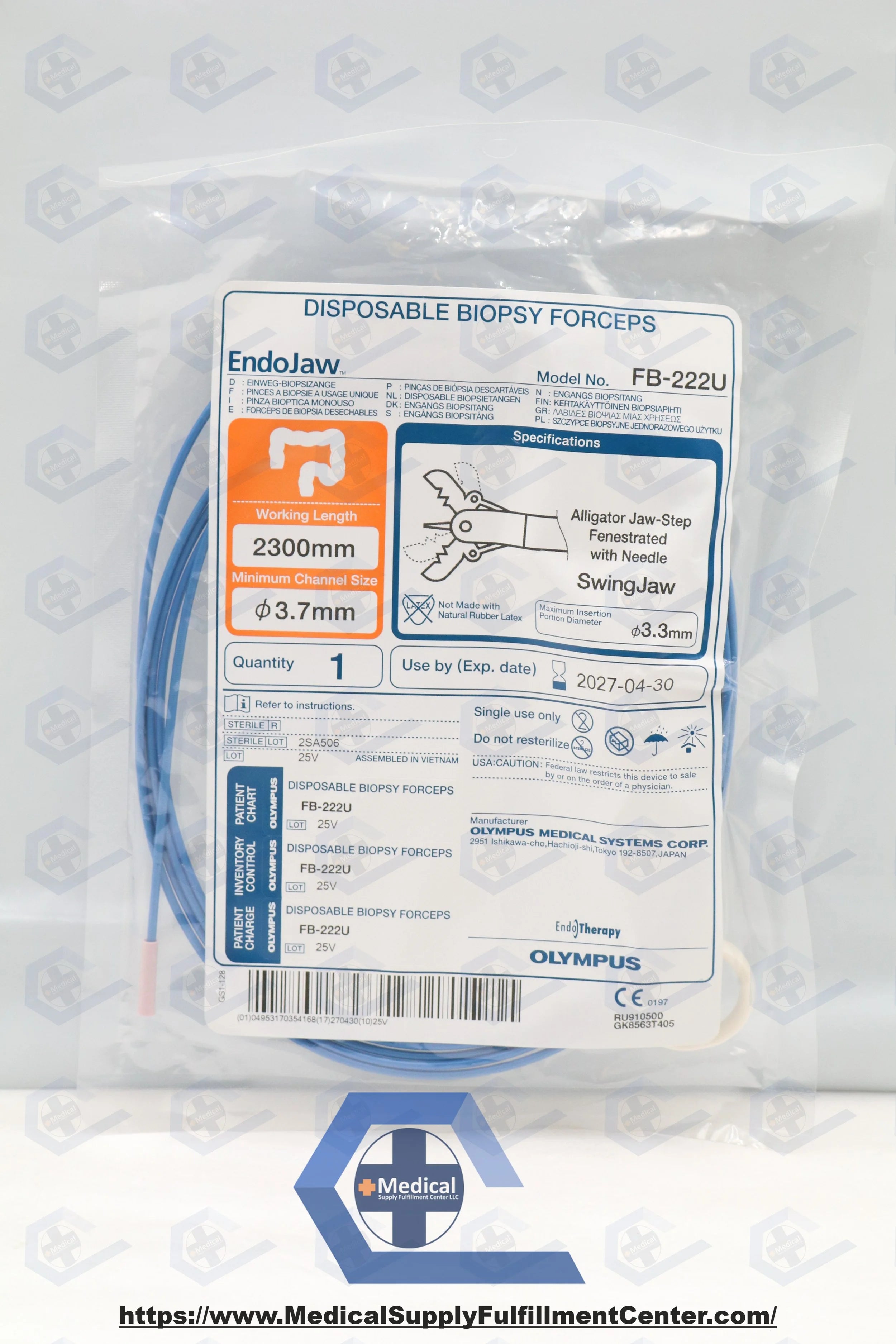 Olympus | FB-222U | Biopsy Forceps, 2300 mm Working Length, 3.7 mm Minimum Working Channel Size, With Needle, Sterile, Single-Use