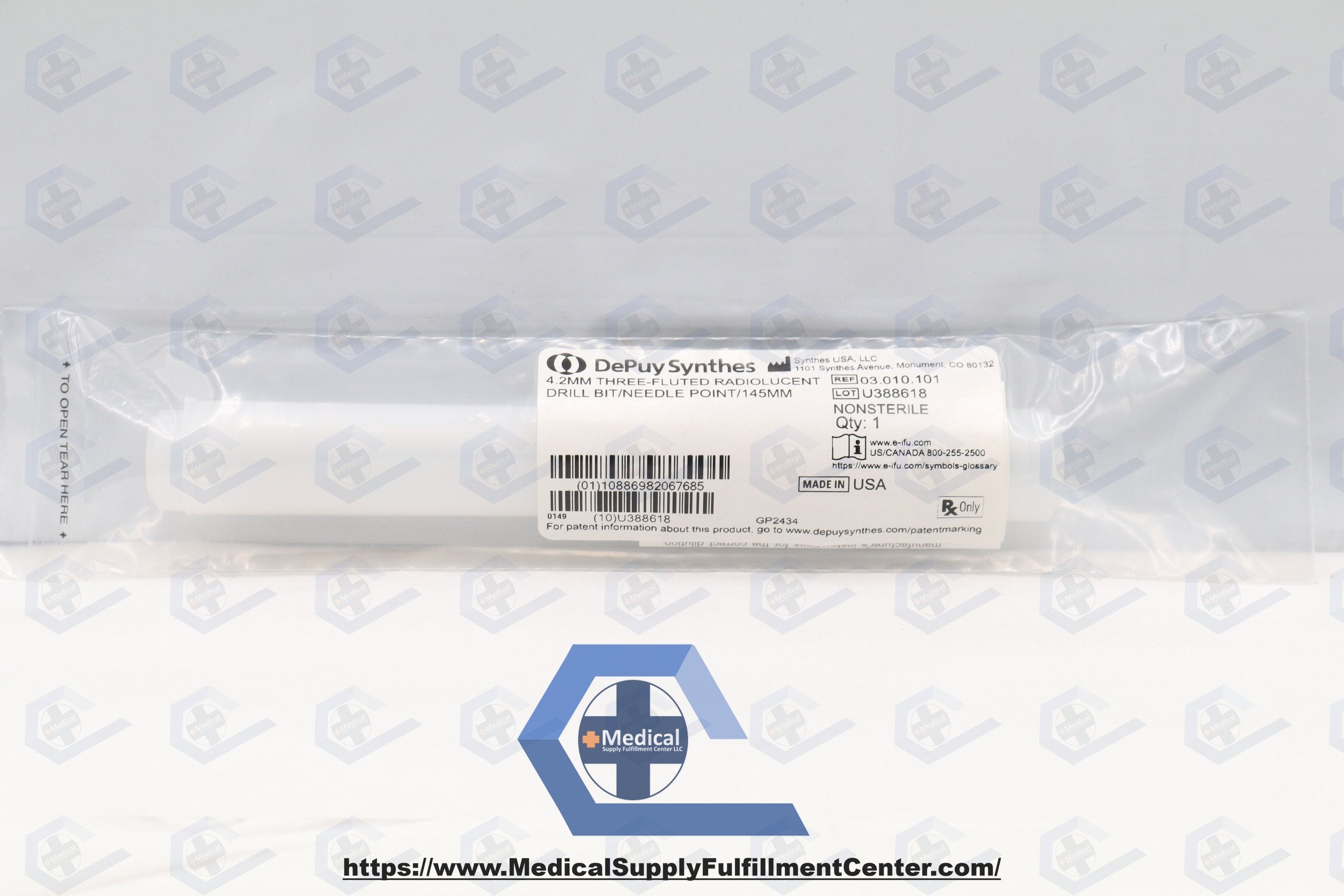 Depuy Synthes | 03.010.101 | Calibrated Drill Bit, 4.2 dia. x 145 mm Length, Quick Coupling, Needle Point Tip, 3 Fluted, For Radiolucent Drive