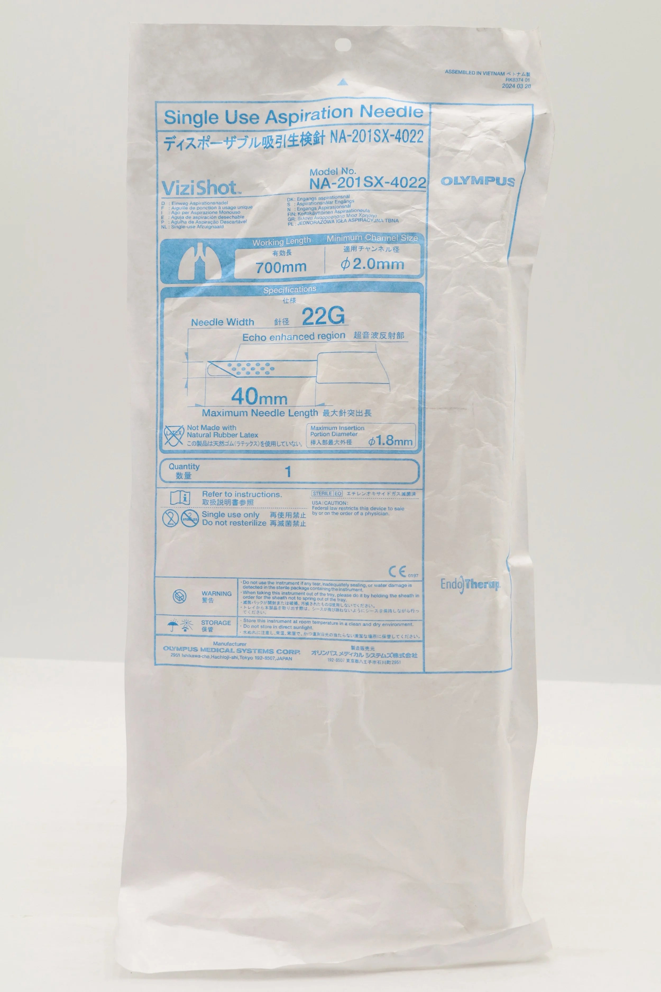 Olympus | NA-201SX-4022 | Aspiration Needle, 22G, 700 mm Working Length, 2 mm Channel Diameter, Blue, Rounded Tip, Single-Use, Treated Distal End