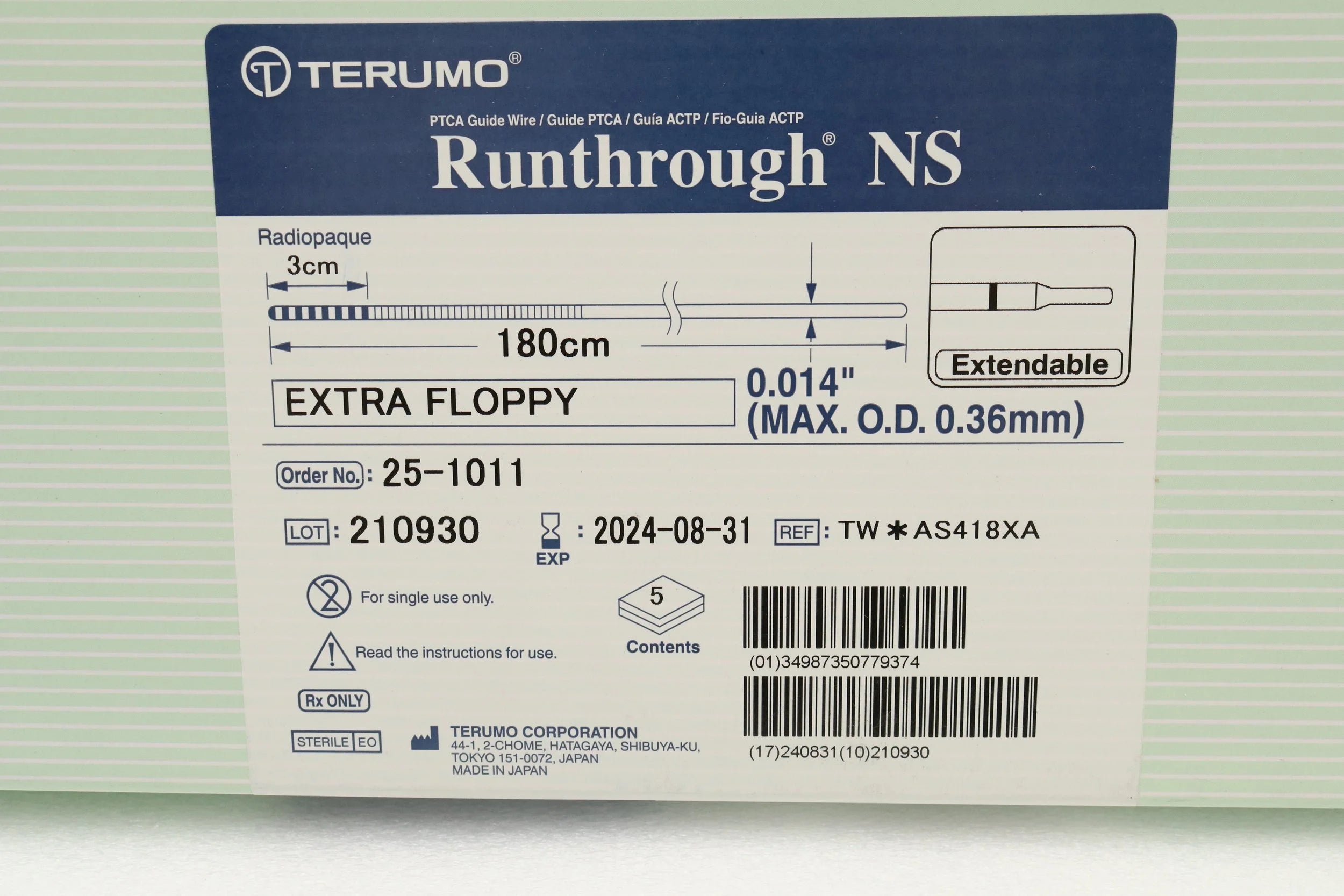 Terumo | 25-1011 | RUNTHROUGH NS 180CM EXTRA FLOPPY Coronary Guidewire, shapeable tip, 0.014, 180cm, Floppy tip type