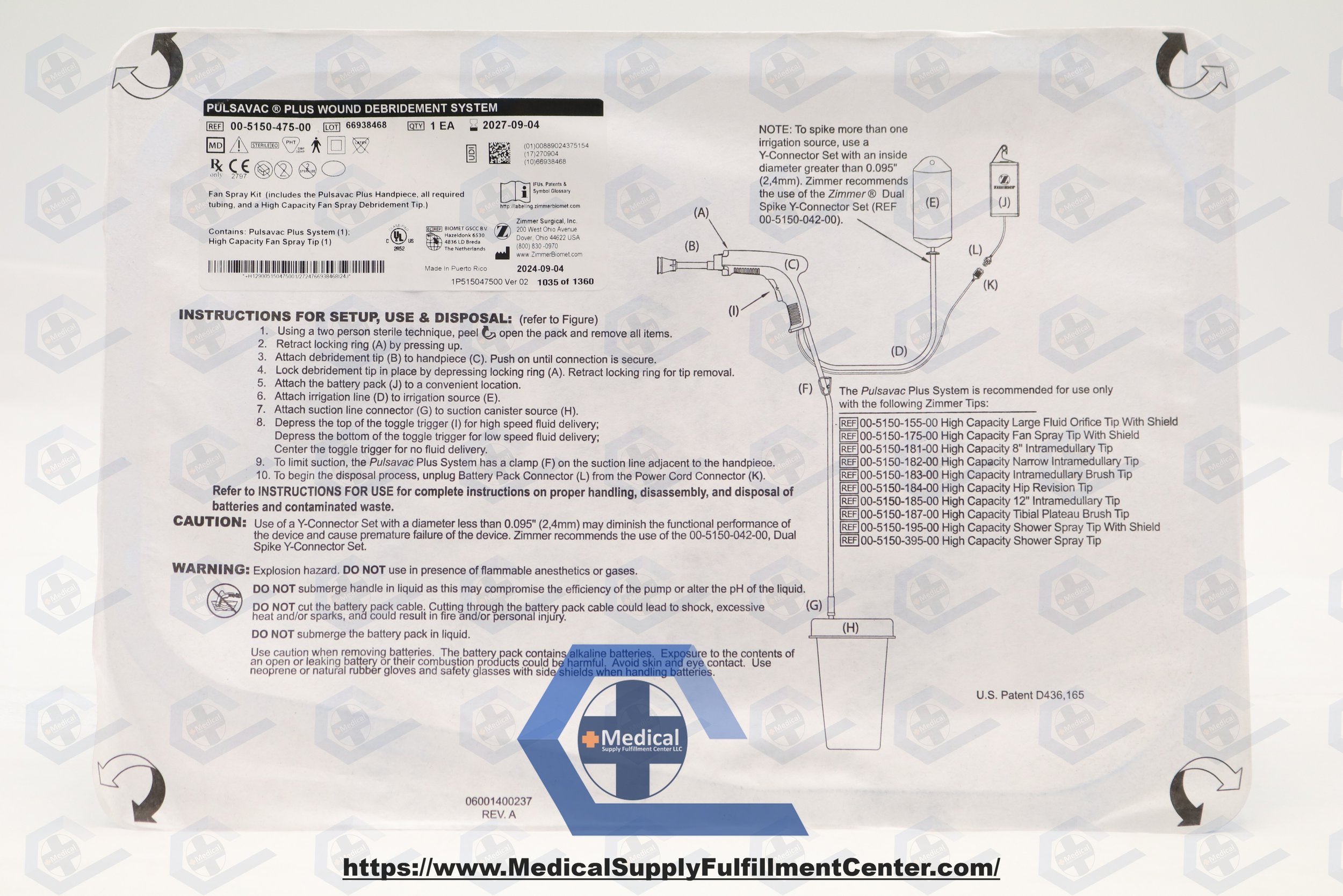 Zimmer Biomet | 00-5150-475-00 | Fan Spray Kit, For Wound Debridement System, Combines Convenience and Power For Smooth, Efficient Pulsative Irrigation and Debridement