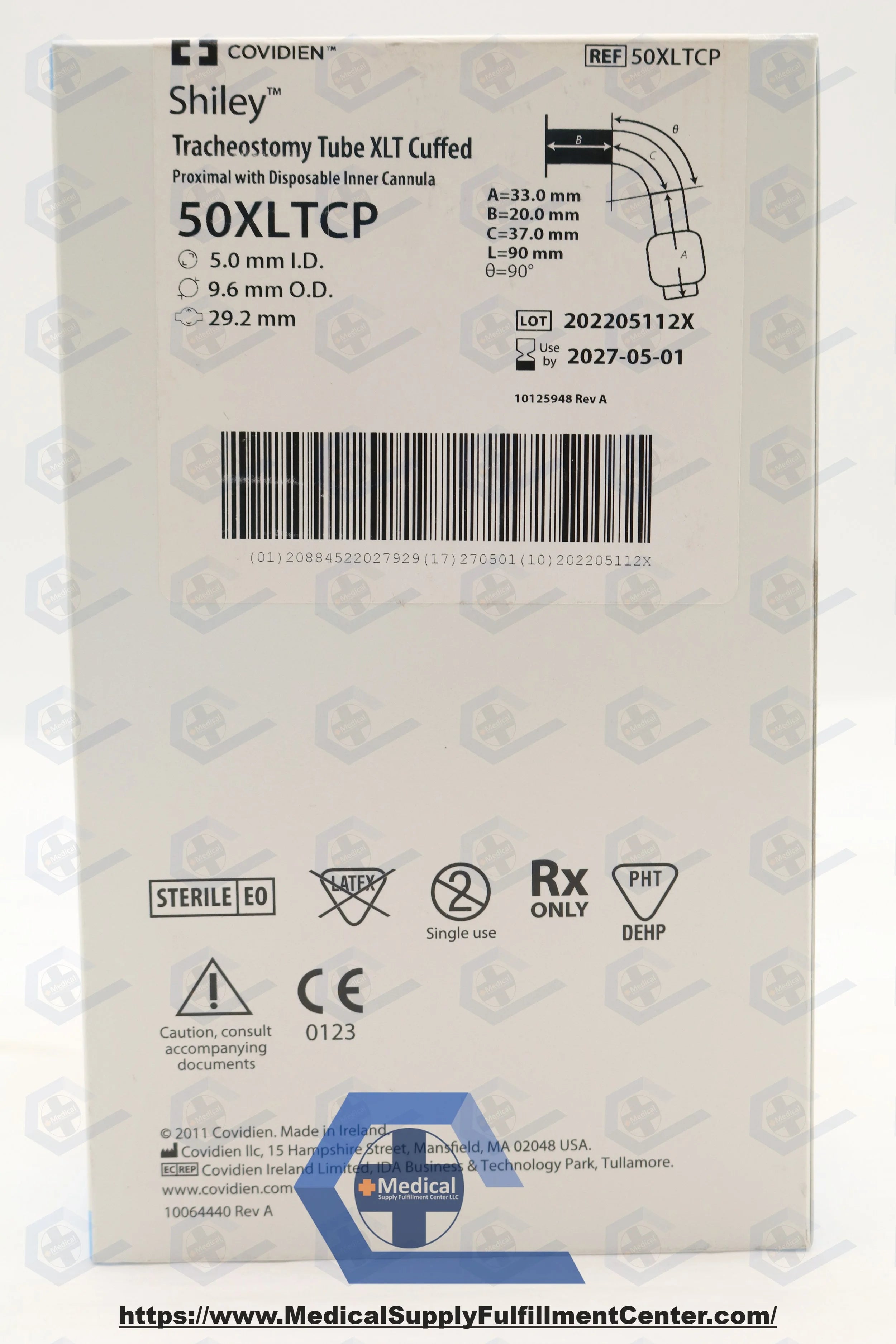 Covidien | 50XLTCP | Shiley Tracheostomy Tube XLT Cuffed, Proximal 5.0mm