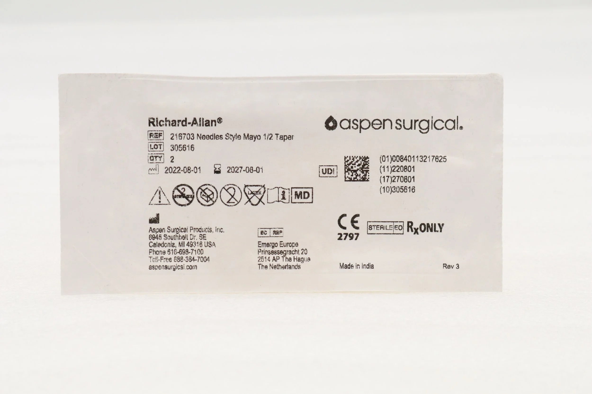 Aspen Surgical | 216703 | RICHARD-ALLAN SET OF 26 NEEDLE, 1/2 CIRCLE TAPER POINT MAYO CATGUT, 0.050" X 1.535"
