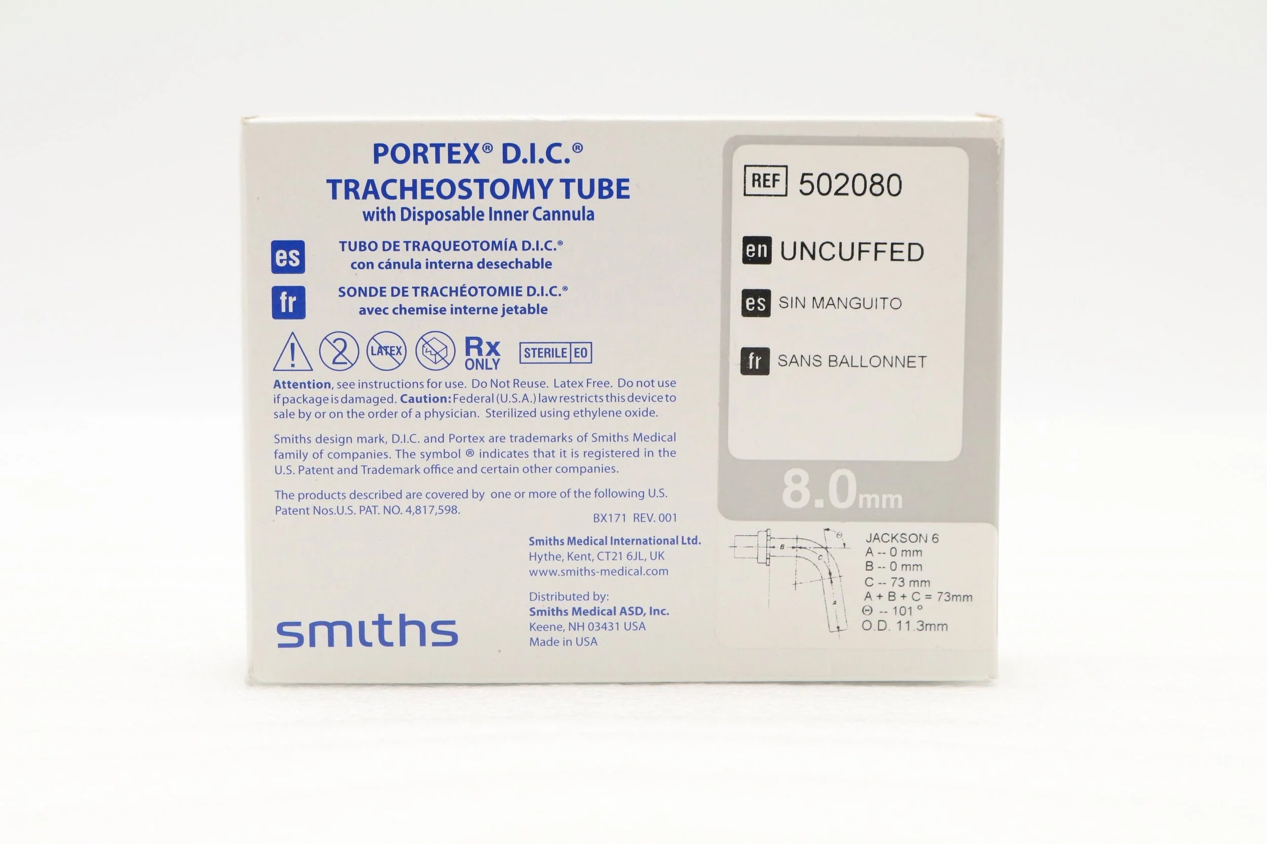 Smiths Medical | 502080 | PORTEX D.I.C. TRACHEOSTOMY TUBE, UNCUFFED 8MM