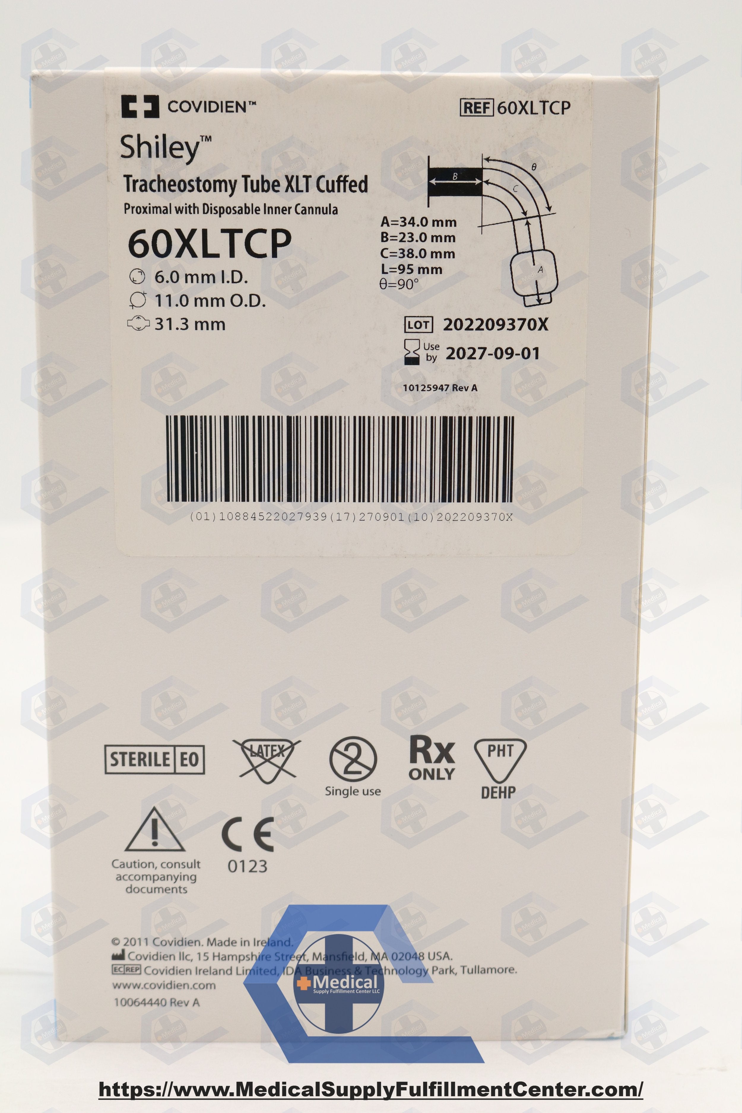 Covidien | 60XLTCP | SHILEY TRACHEOSTOMY TUBE XLT CUFFED PROXIMAL WITH DISPOSABLE INNER CANNULA, 6.0MM I.D. X 11.0MM O.D. X 31.3MM, 90 DEGREE