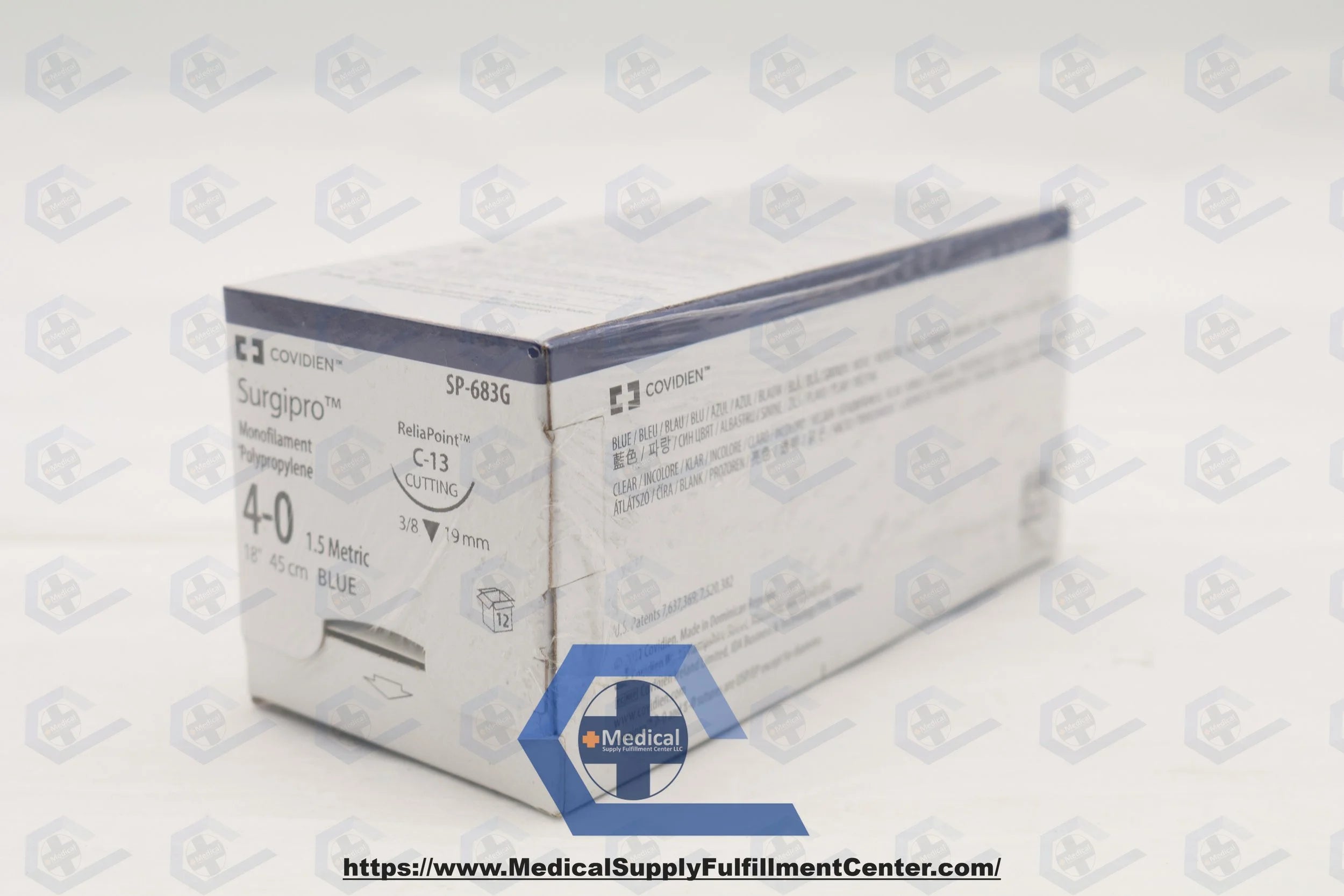 Covidien | SP-683G | Suture, Size 4-0, 18 in. Length, Blue, Polypropylene, Monofilament, 3/8 Circle, 19 mm Needle Length, C-13 Needle, Reverse Cutting Needle Point