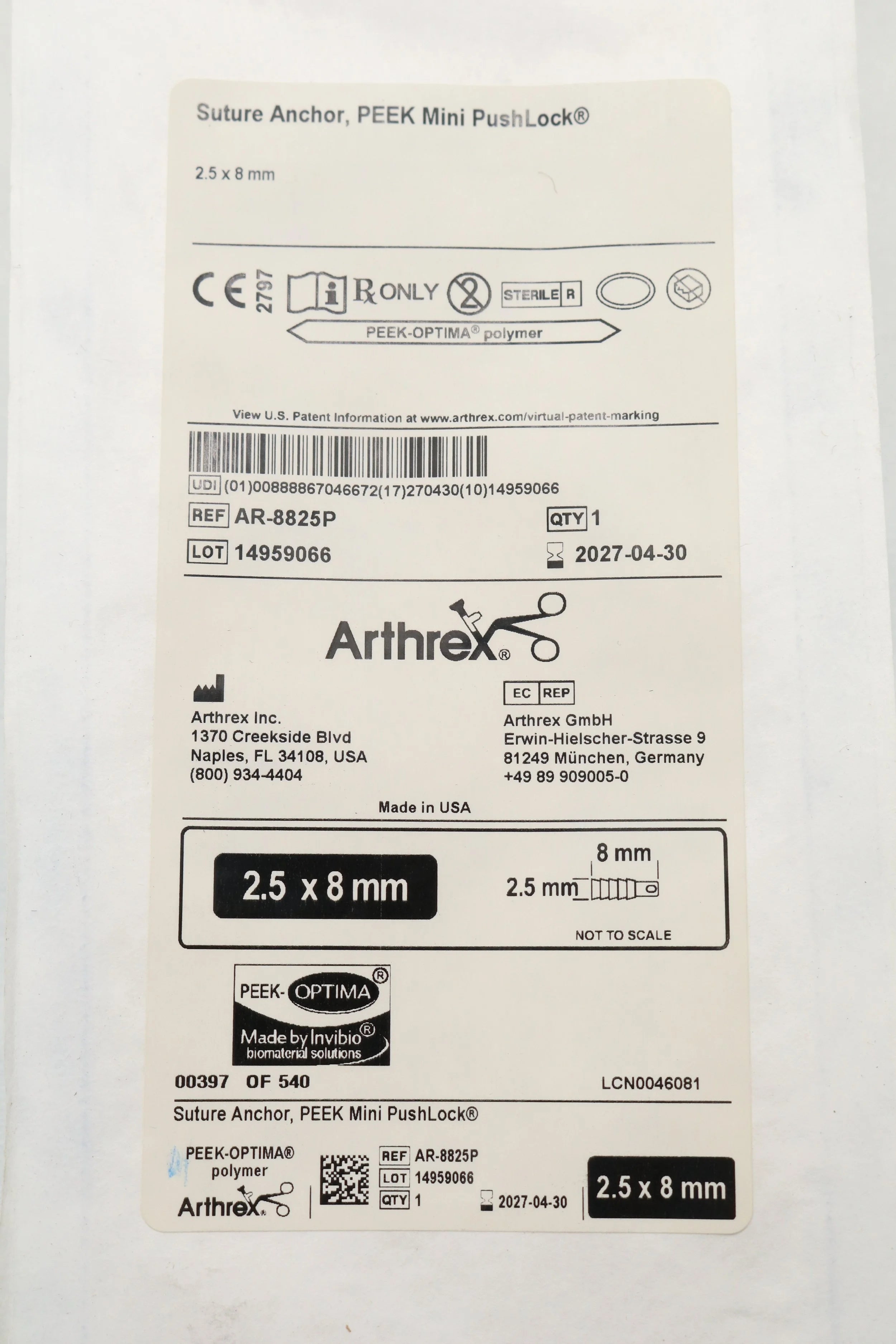 Arthrex | AR-8825P | SUTURE ANCHOR, PEEK MINI PUSHLOCK, 2.5MM X 8MM