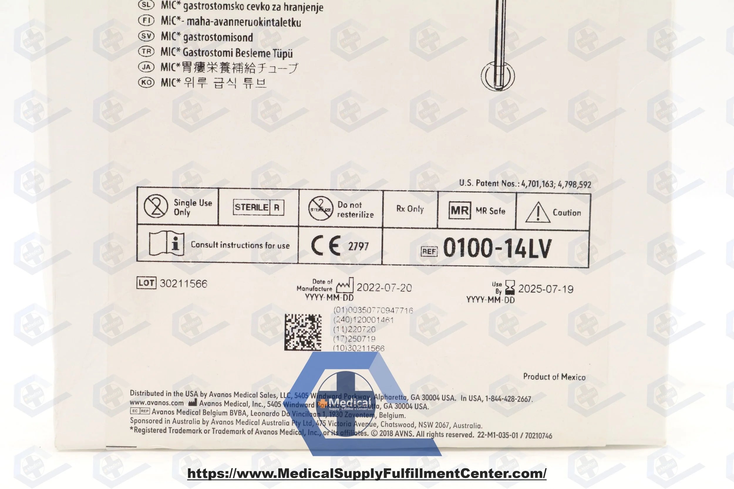 Avanos Medical | 0100-14LV | MIC Gastrostomy Feeding Tube: 14F, 3-5mL