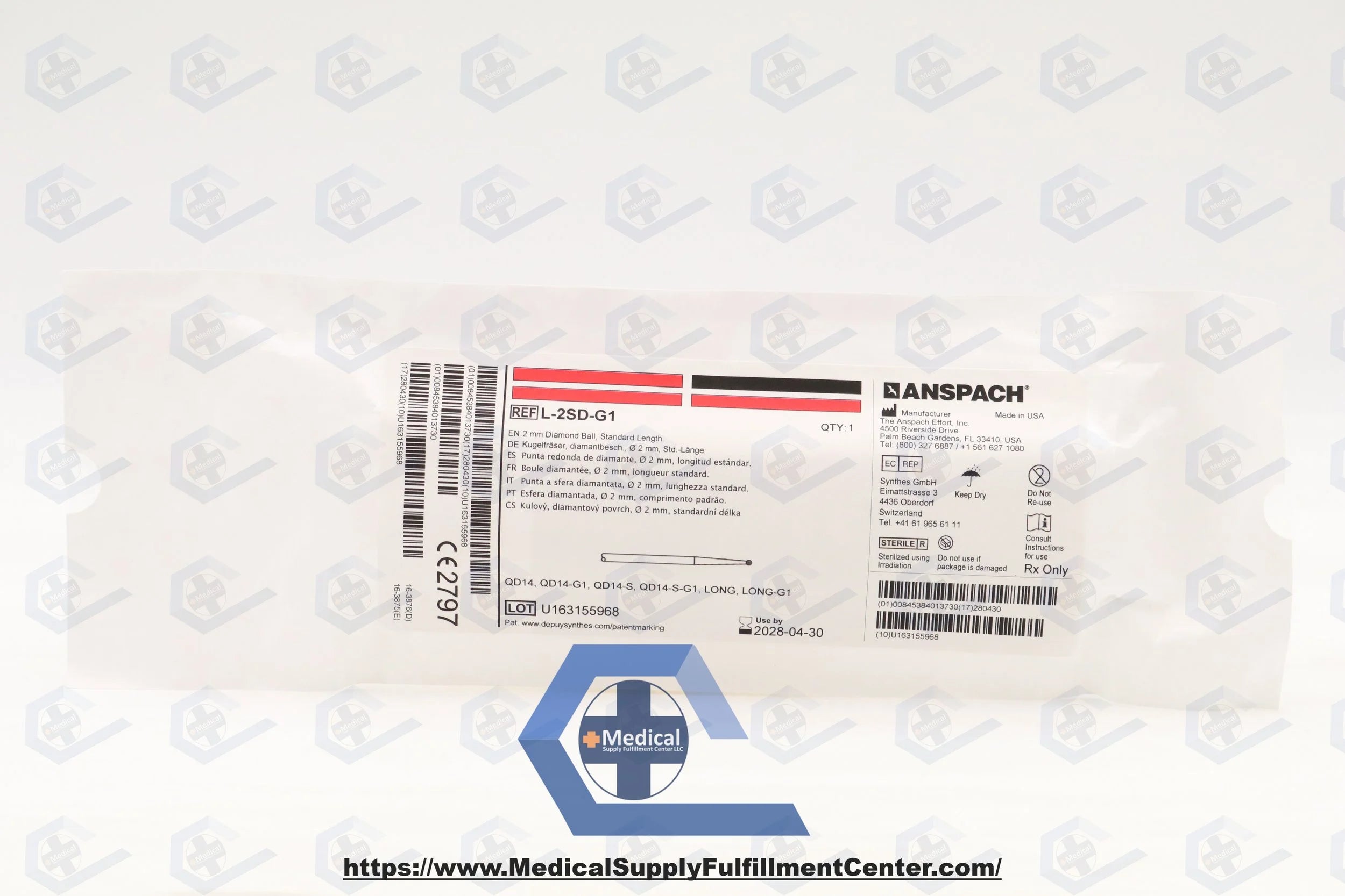 Anspach | L-2SD-G1 | 2mm, Diaomond Ball Standard Length, Use with QD14 Attachments, Sterile, Single Use, 1 Piece