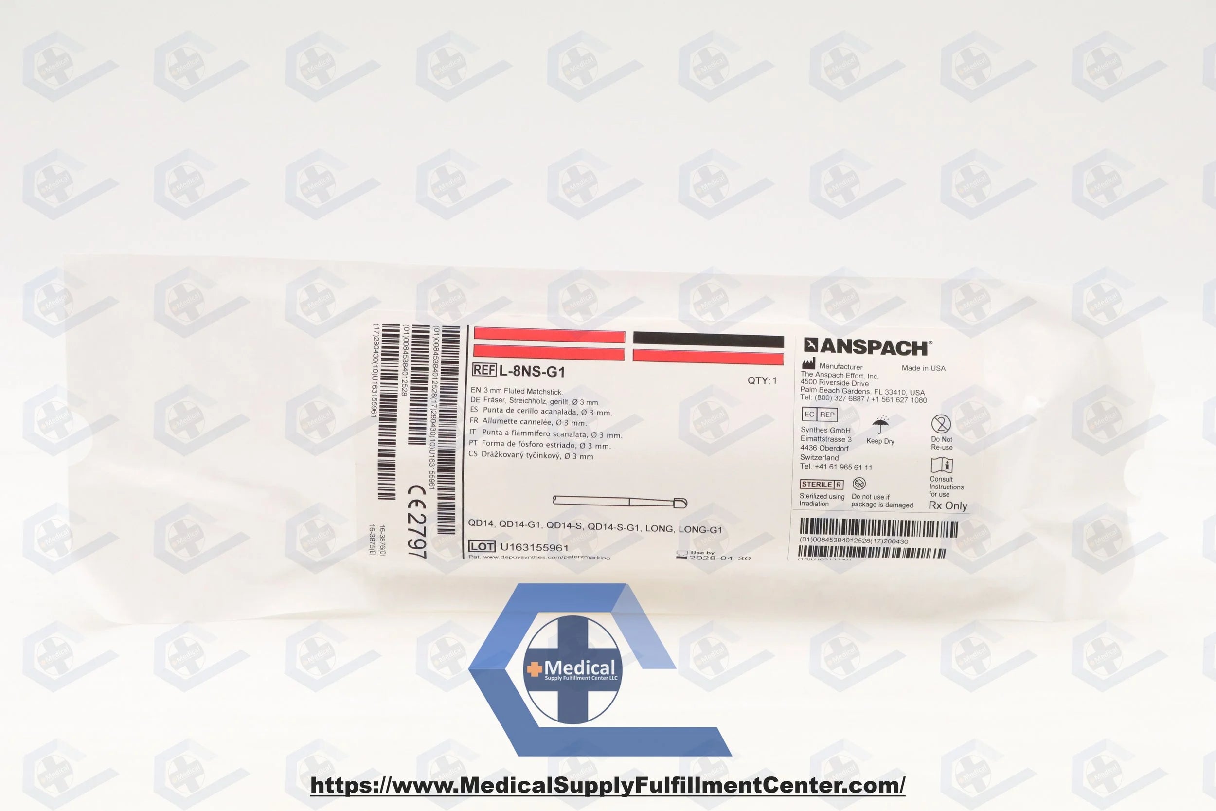 Anspach | L-8NS-G1 | Disposable 3 mm fluted matchstick cutting burr—shaped for use with Long‑G1 attachments on eMax/microMax straight handpieces.