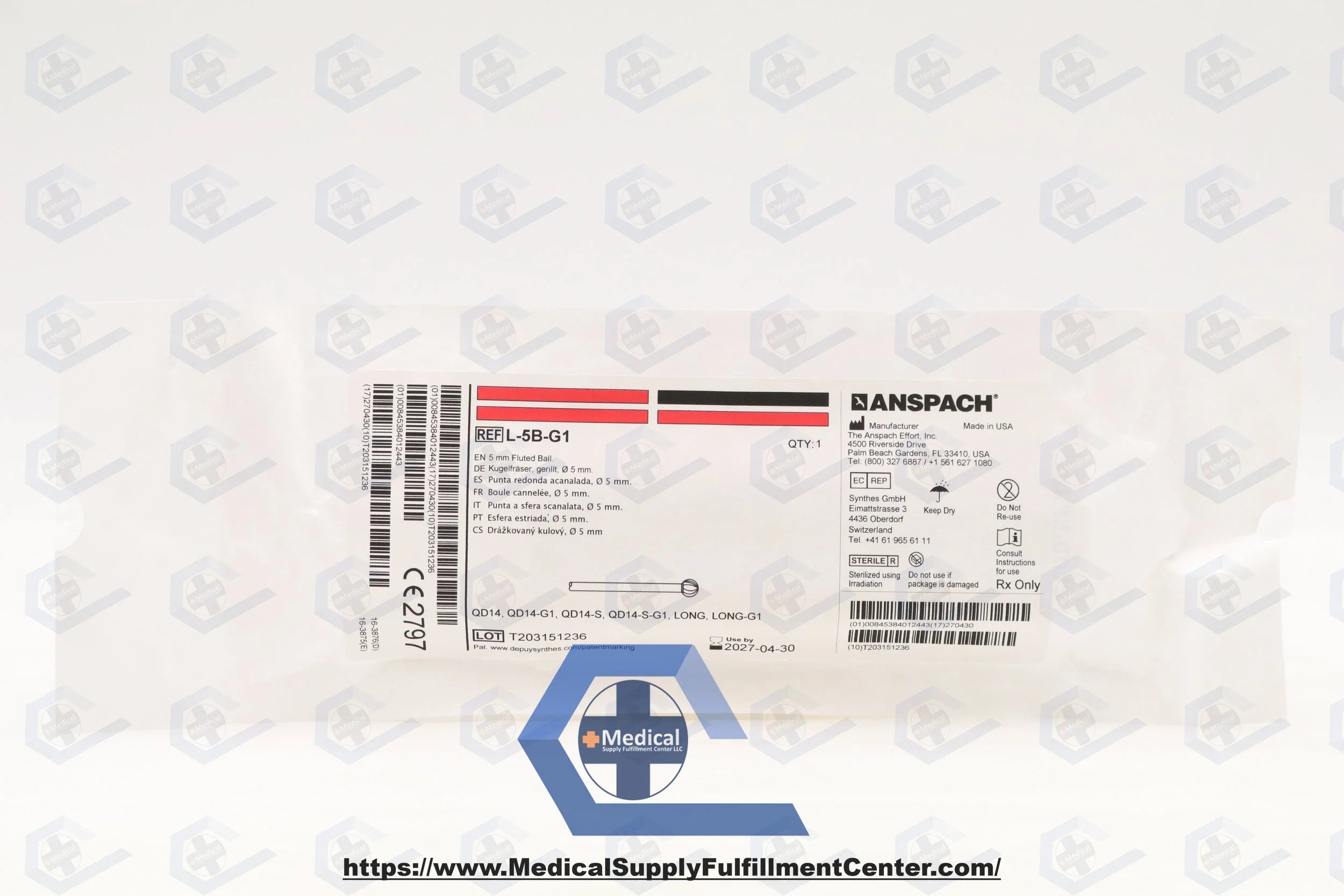 Anspach | L-5B-G1 | Cutting Burr, 5 mm dia., Fluted Edge Form, Ball Working End Geometry, Single-Use, For Straight LONG, LONG-G1, LONG-S, QD14, QD14-S, 11 mm Long Attachment