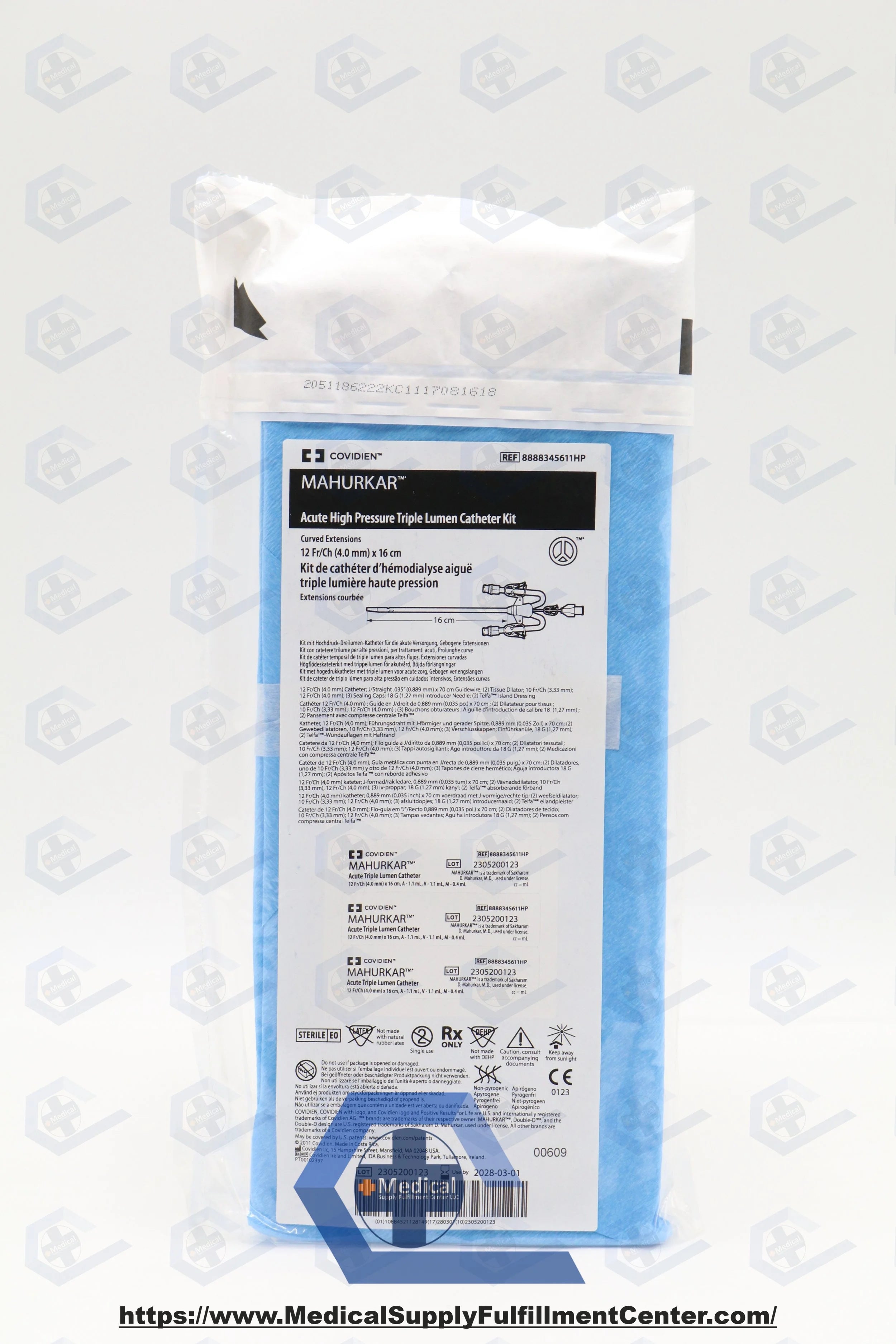 Covidien | 8888345611HP | Mahurkar 12F High Pressure Triple Lumen Dialysis Catheter 16cm, Curved, Kit