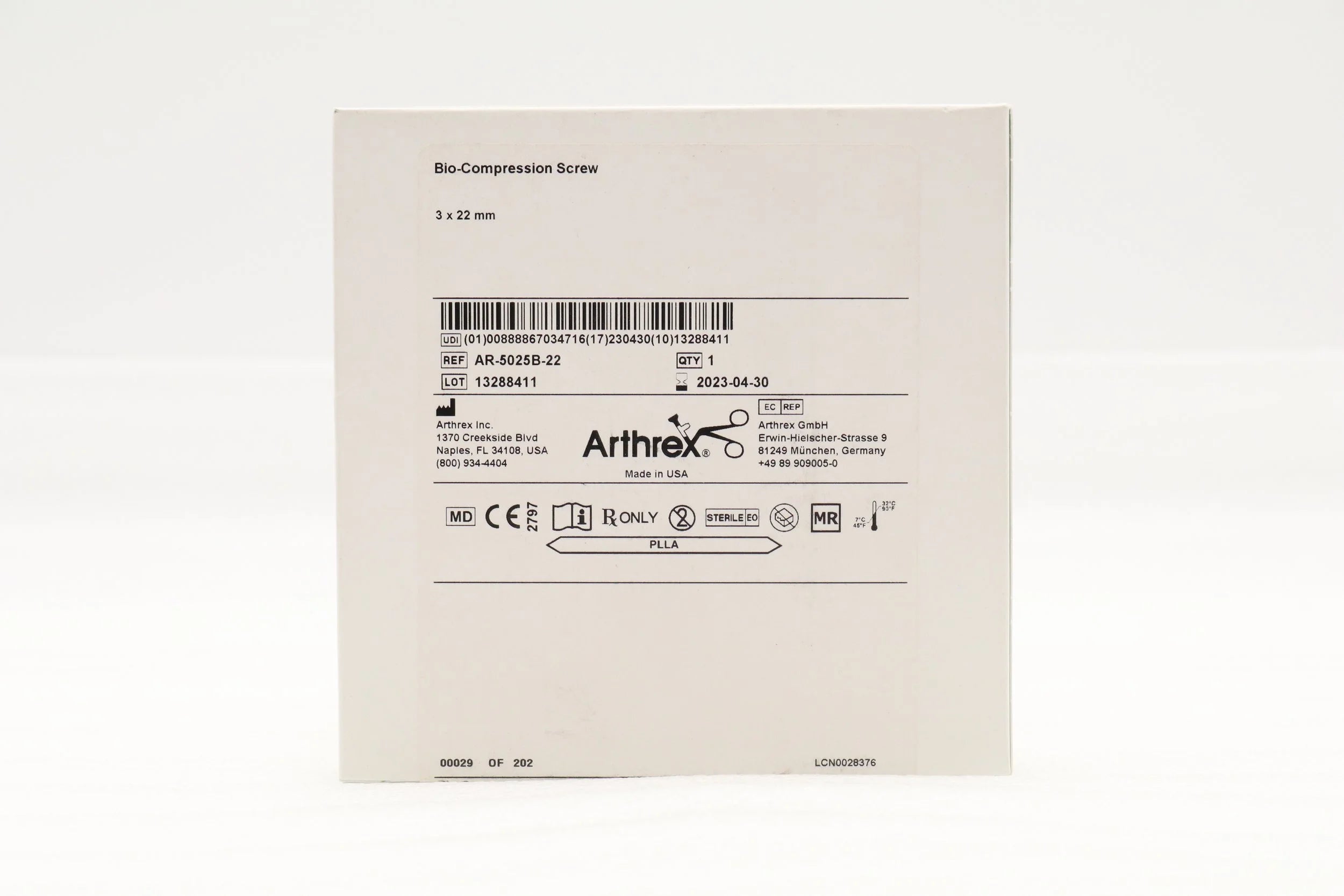 Arthrex | AR-5025B-22 | Bio-Compression Screw, 3 dia. x 22 mm Length