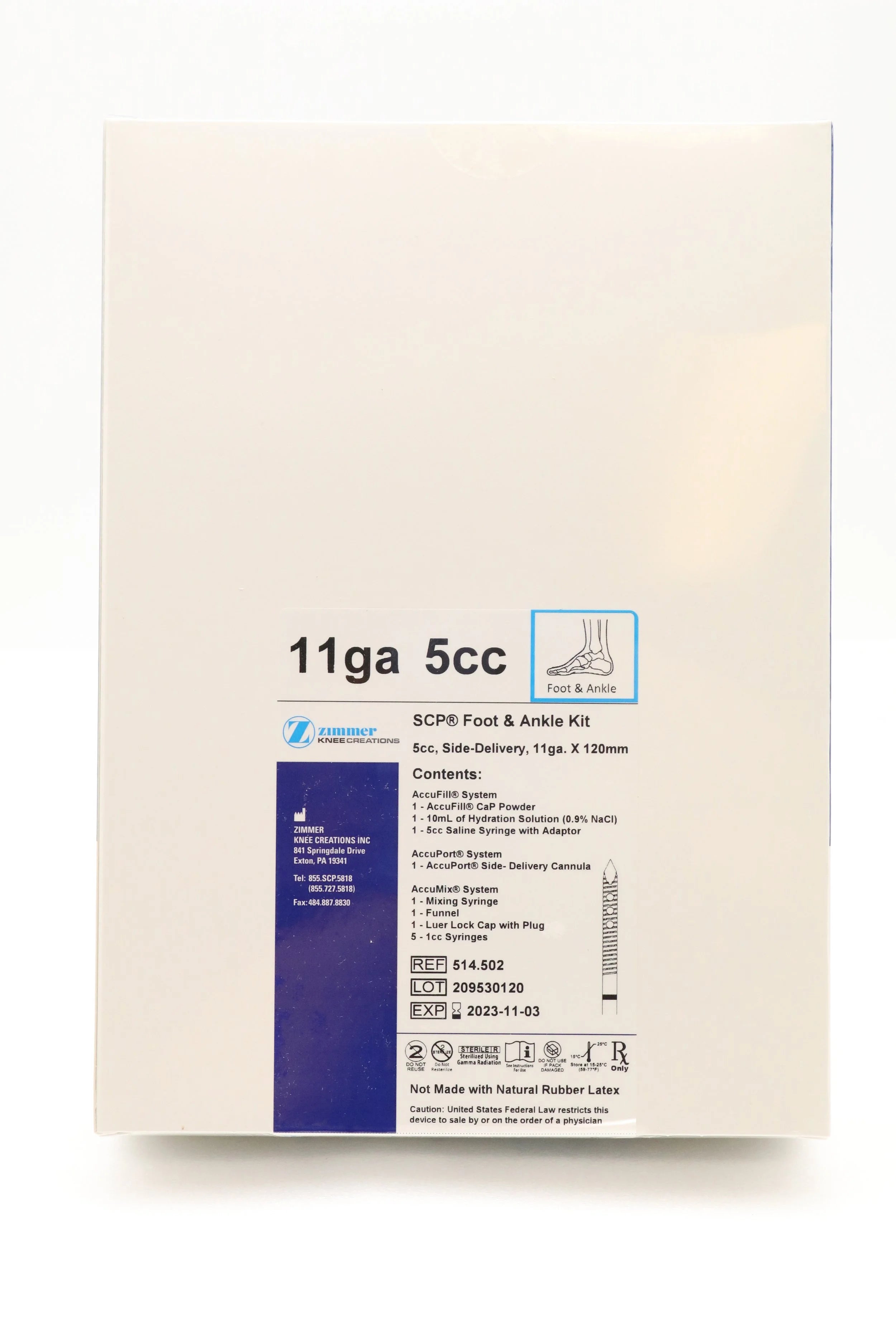 Zimmer Biomet | 514.502 | SUBCHONDROPLASTY FOOT & ANKLE KIT, 5CC, SIDE DELIVERY, 11G X 120MM