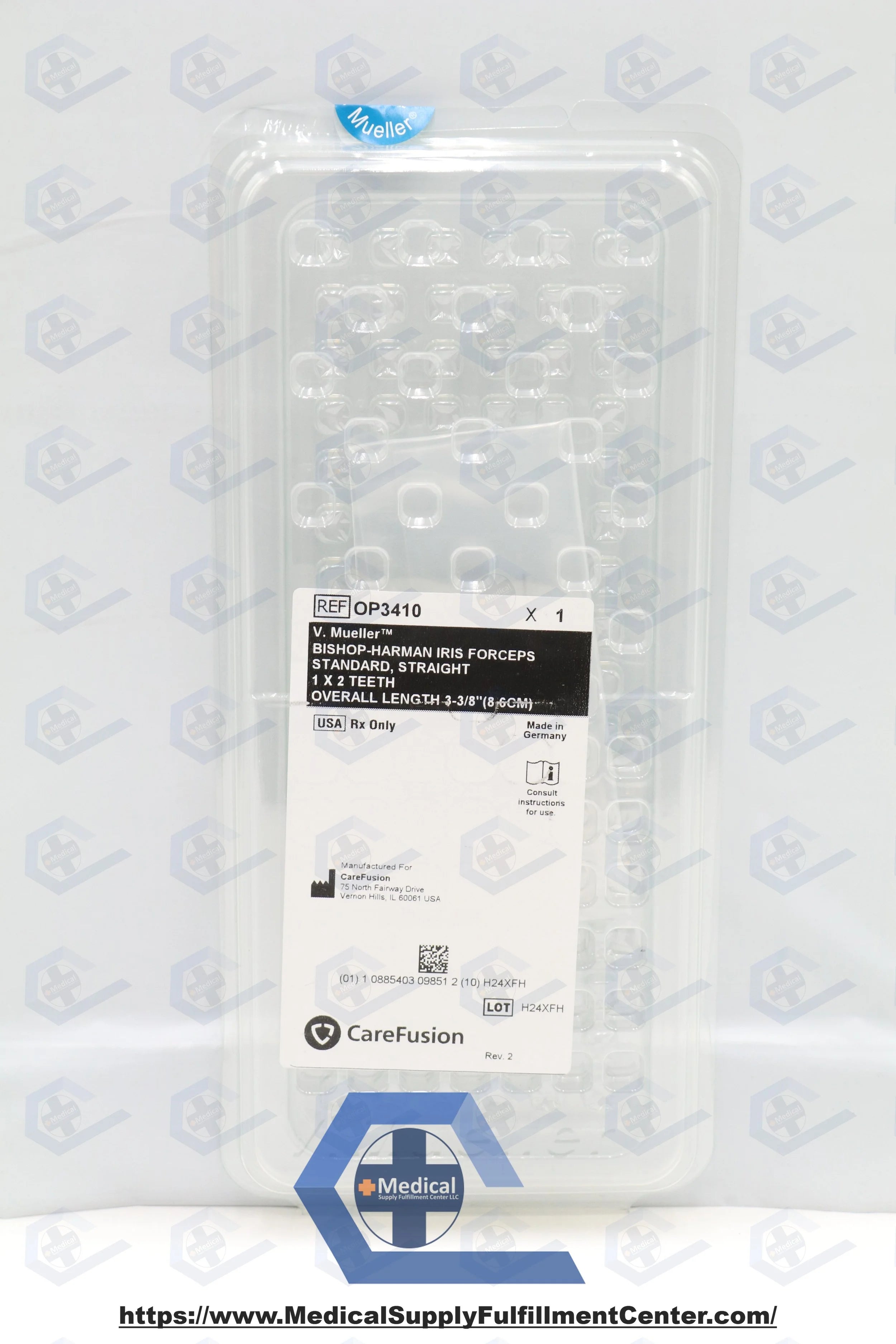 Carefusion | OP3410 | Iris Forceps V. Mueller Bishop-Harmon 3-3/8 Inch Length OR NonSterile NonLocking Thumb Handle Straight 1 X 2 Teeth