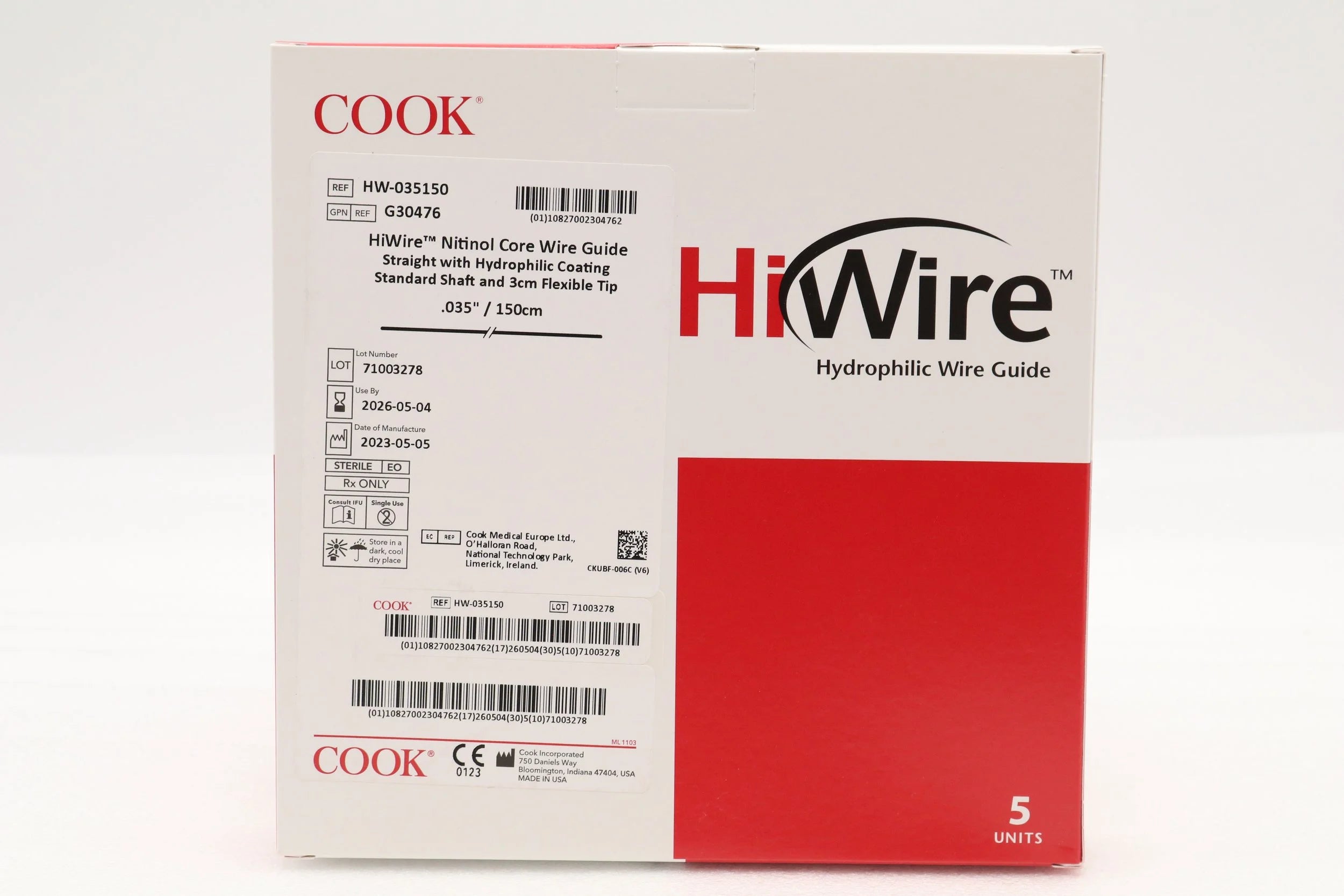 Cook Medical | G30476 | HW-035150 HI WIRE NITINOL CORE WIRE GUIDE WITH HYDROPHILLIC COATING .035" X 150 CM
