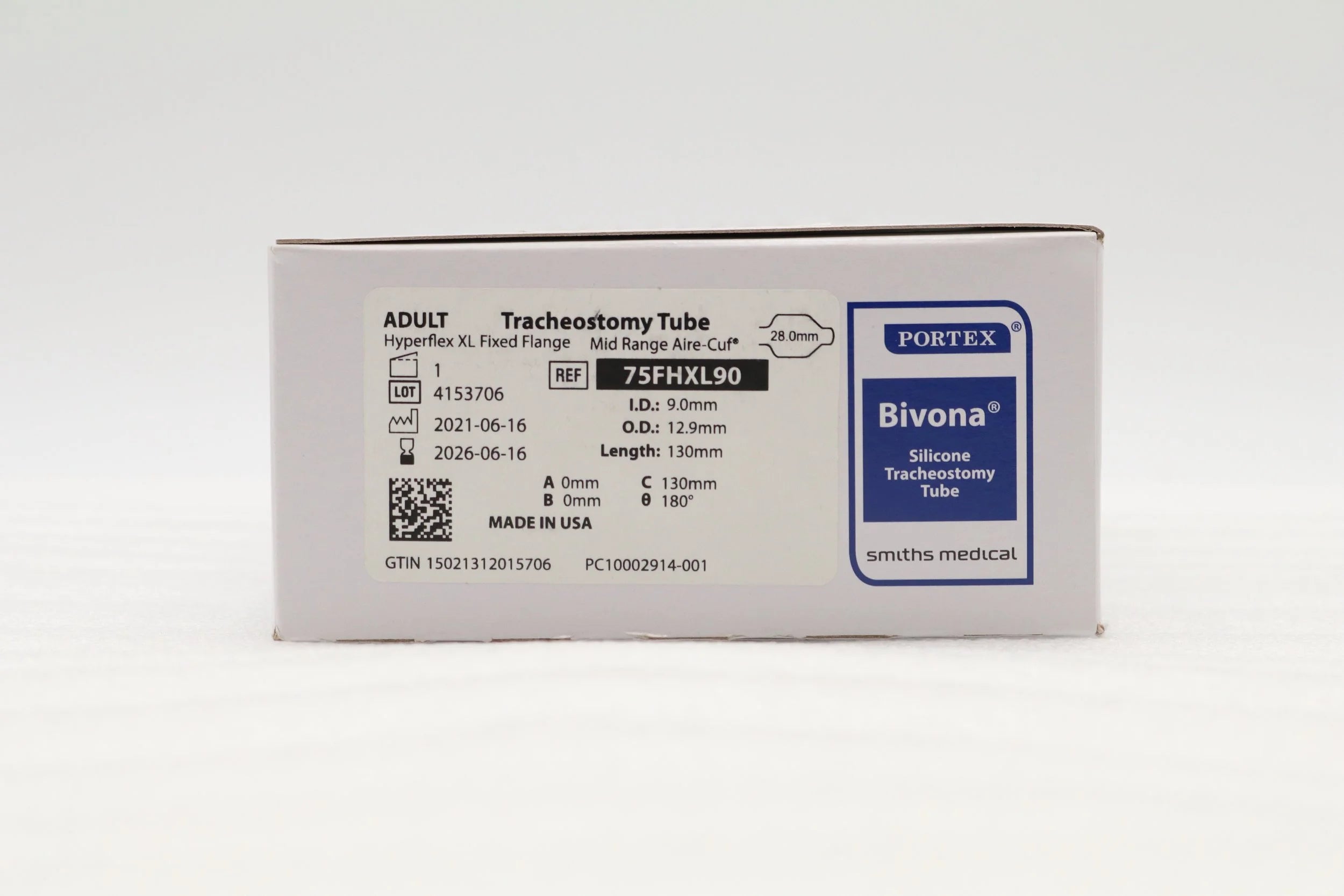 Smiths Medical | 75FHXL90 | PORTEX BIVONA SILICONE MID-RANGE AIRE-CUF FIXED NECK FLANGE HYPERFLEX EXTRA LENGTH TRACHEOSTOMY TUBE, 9.0MM