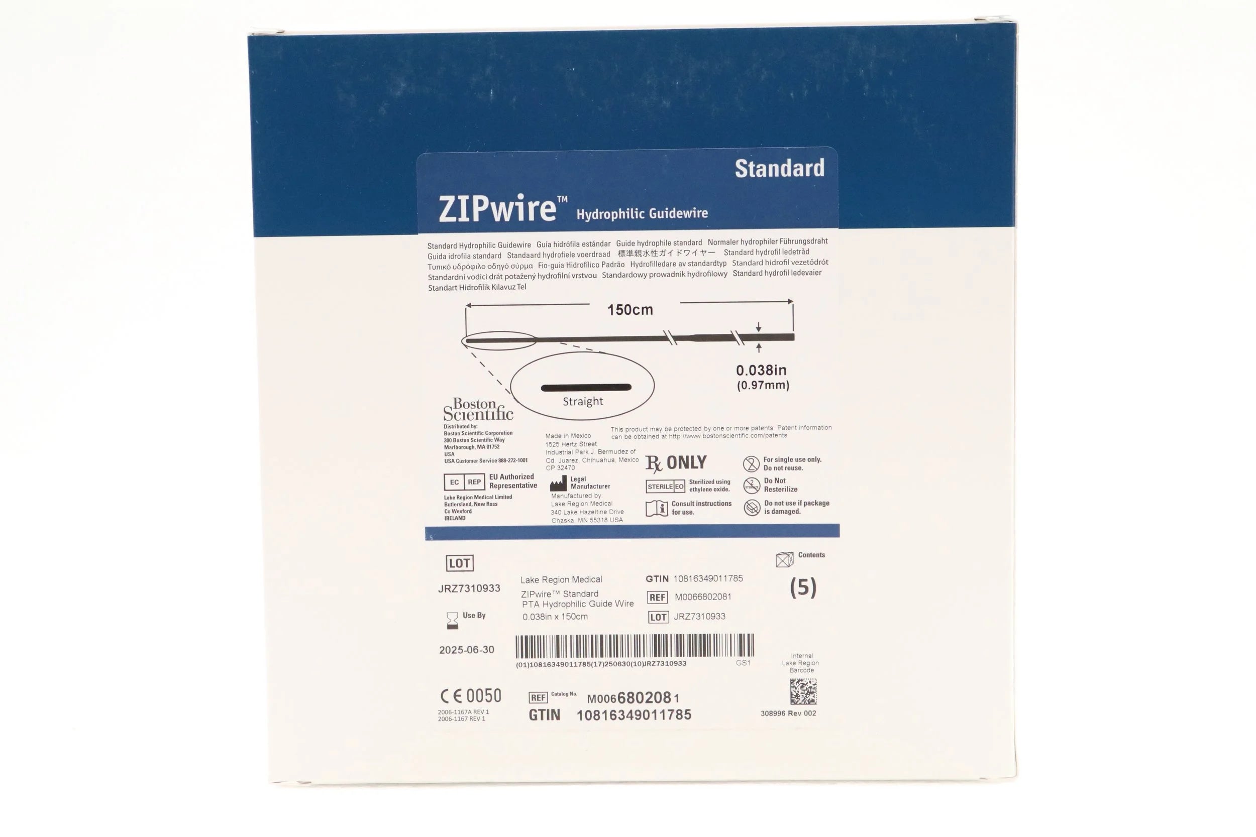 Boston Scientific | 680208 | (M0066802080) ZIPWIRE STANDARD HYDROPHILIC GUIDEWIRE, STRAIGHT TIP, 0.038IN X 150CM