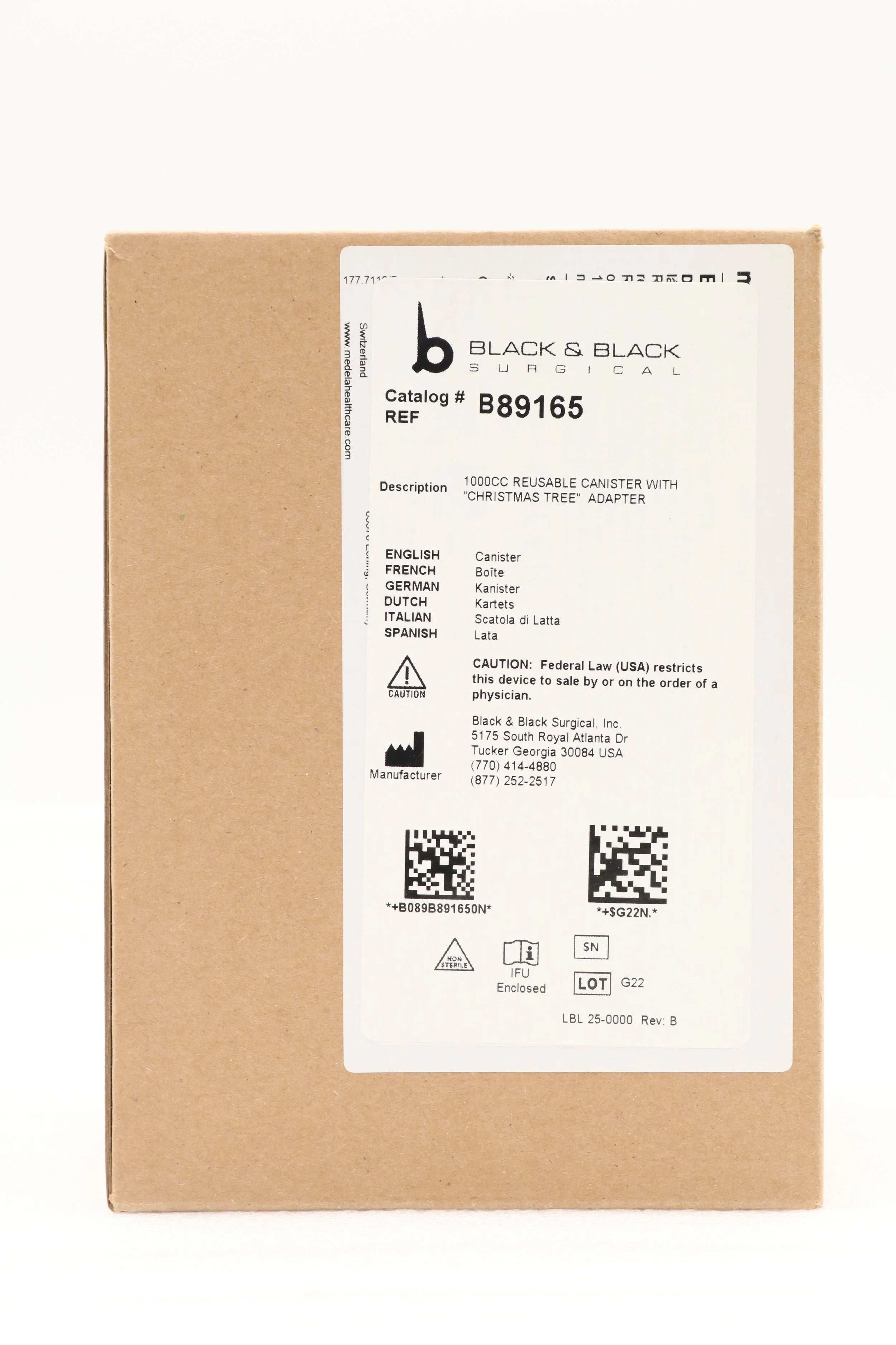 Black & Black Surgical | B89165 | SURGICAL 1000CC REUSABLE CANISTER WITH "CHRISTMAS TREE" ADAPTER MEDELA 077.0110