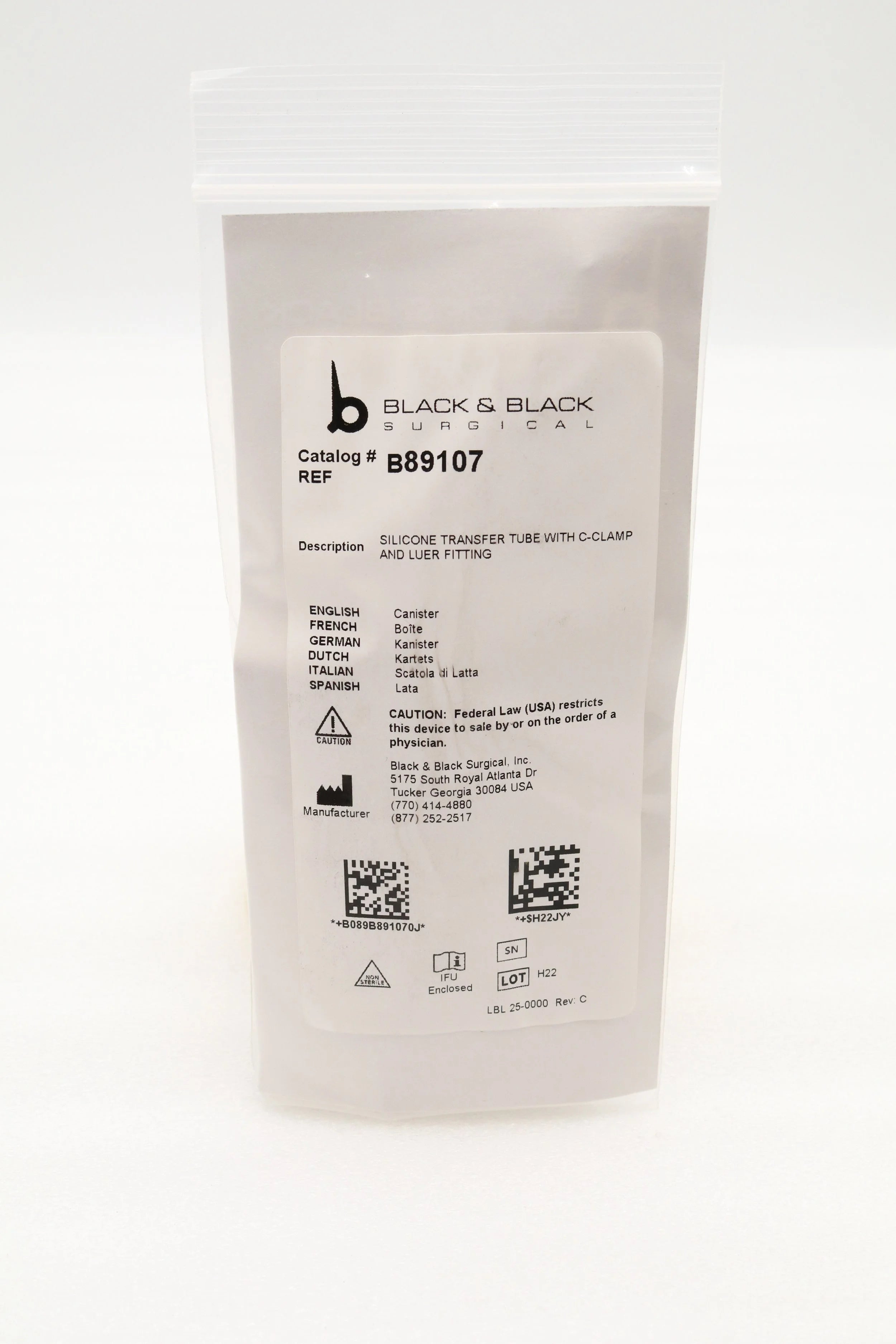 Black & Black Surgical | B89107 | Surgical Silicone Transfer Tube C-Clamp and Luer Fitting