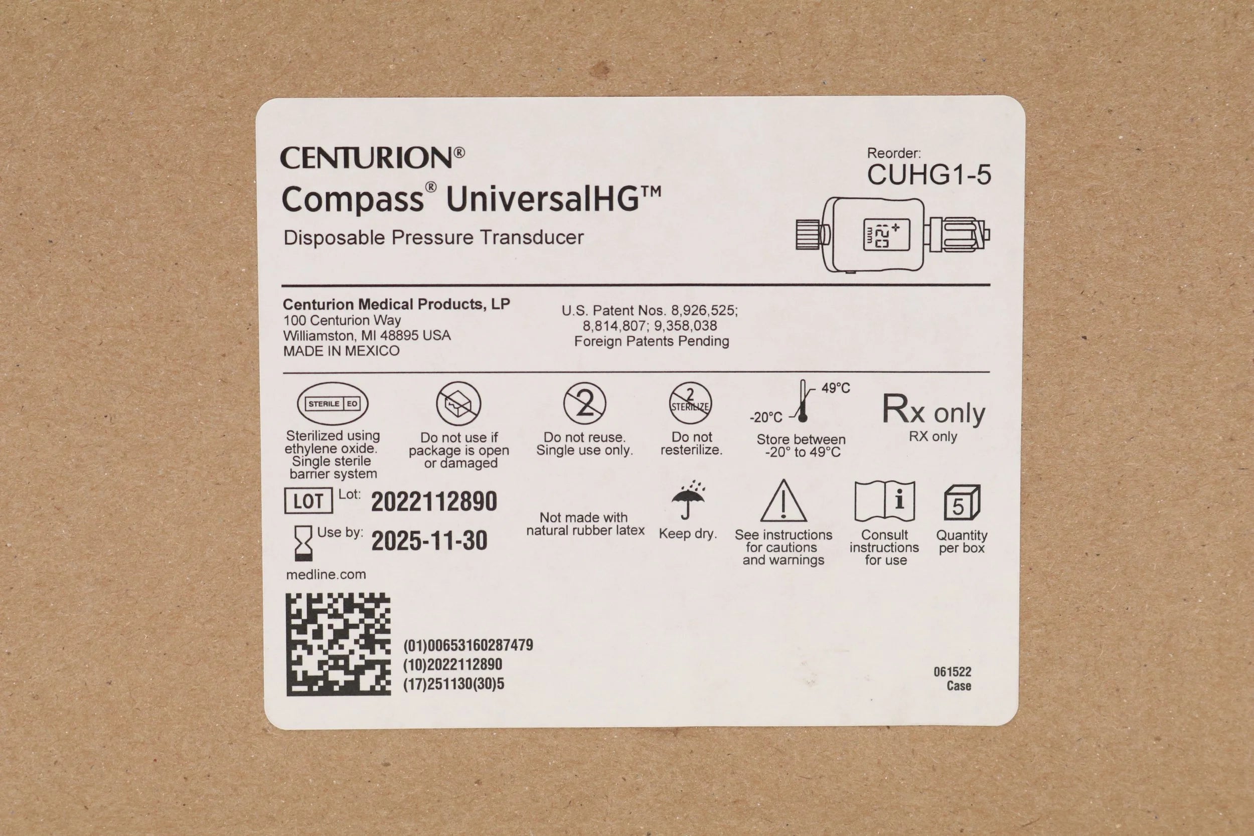 Centurion | CUHG1-5 | Compass UniversalHg Disposable Pressure Transducer