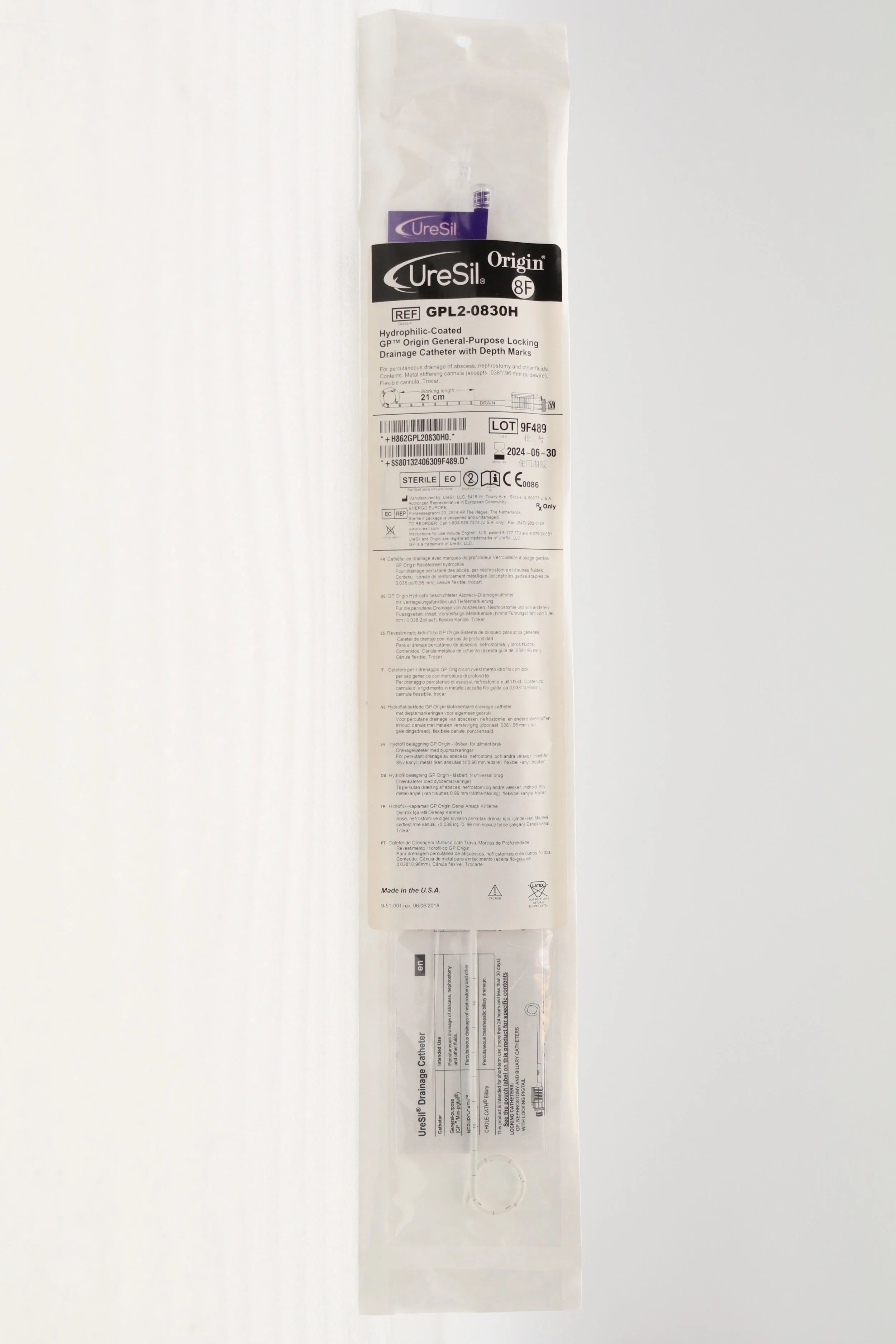 Uresil | GPL2-0830H | Origin Hydrophilic GP Origin Locking Drainage Catheter, 8F x 21cm