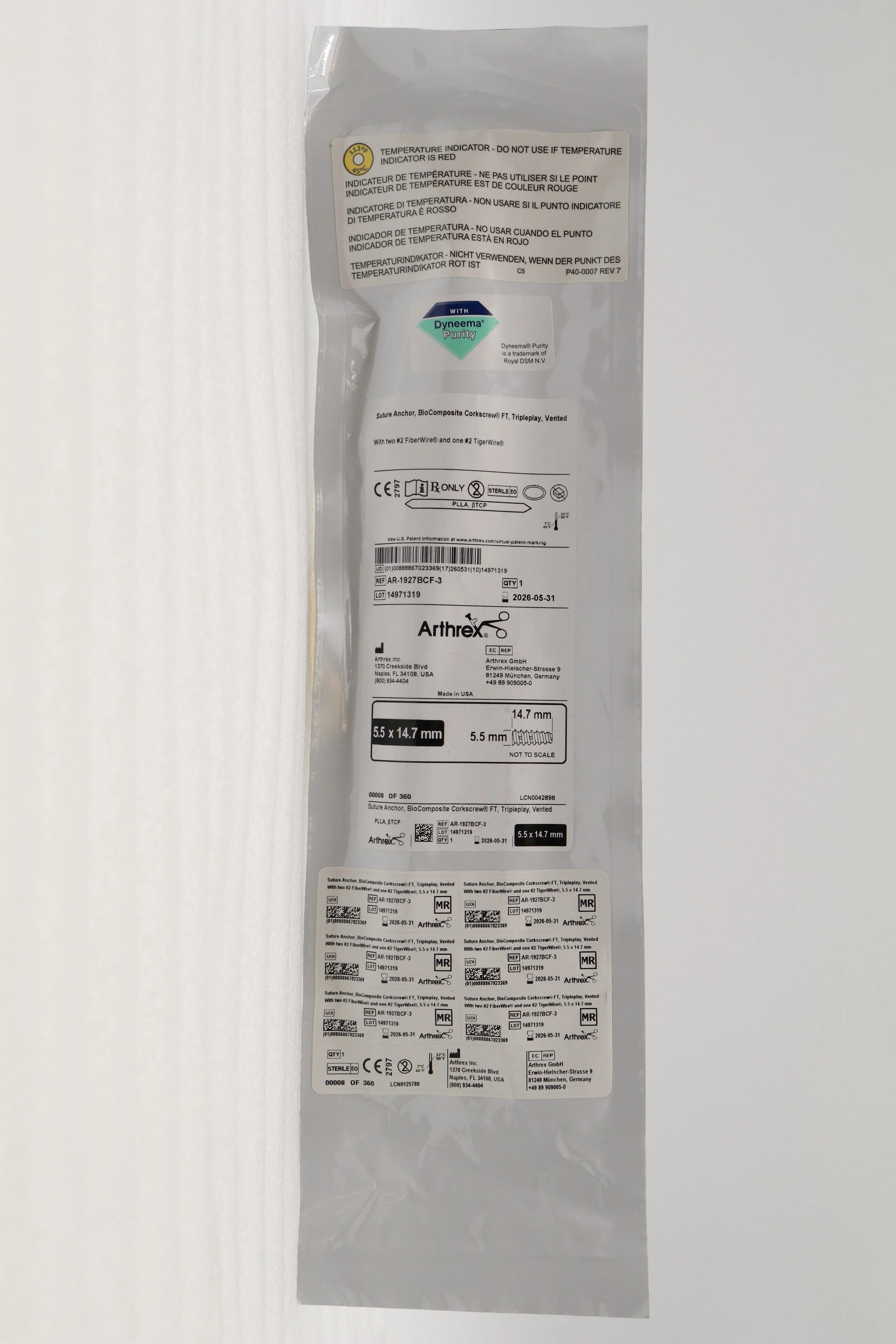 Arthrex | AR-1927BCF-3 | BioComposite Corkscrew FT Suture Anchor, Triple Play w/FiberWire + TigerWire 5.5mm x 14.7mm