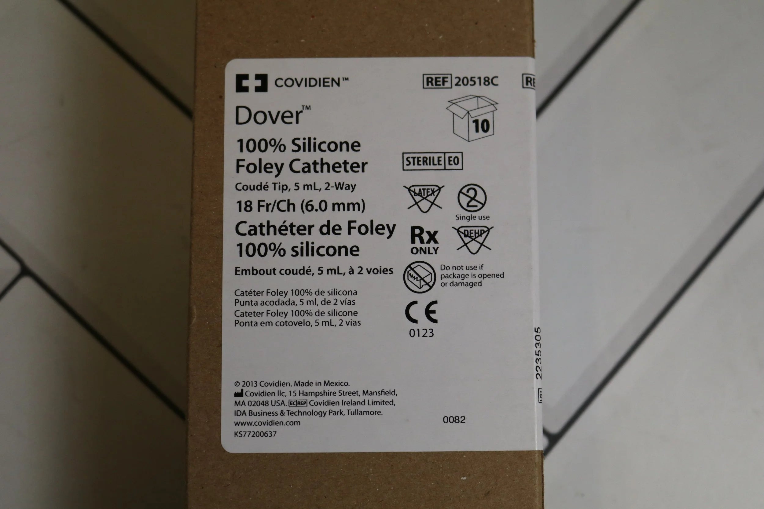 Covidien | 20518C | Dover™ 100% Silicone Foley Catheter, Coudé Tip, 5 mL, 2-Way, 18 Fr (6.0 mm)