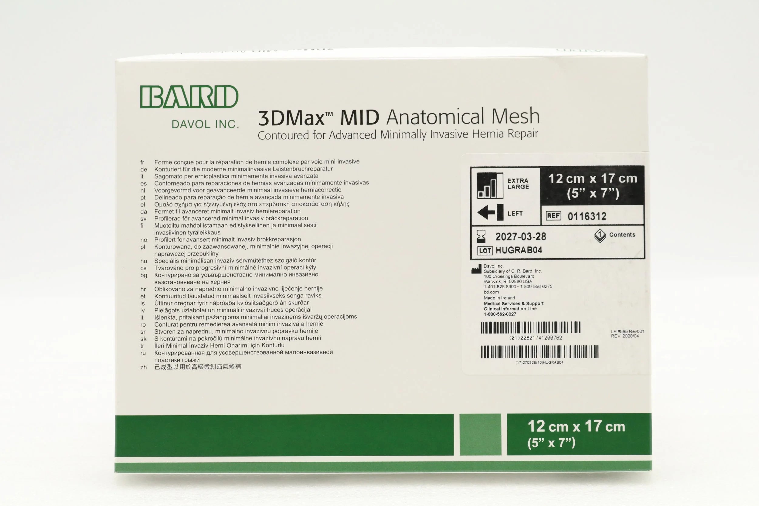 Bard | 0116312 | 3DMax MID Anatomical Mesh Contoured for Minimally invasive Hernia Repair Extra-Large, Left 5" x 7"