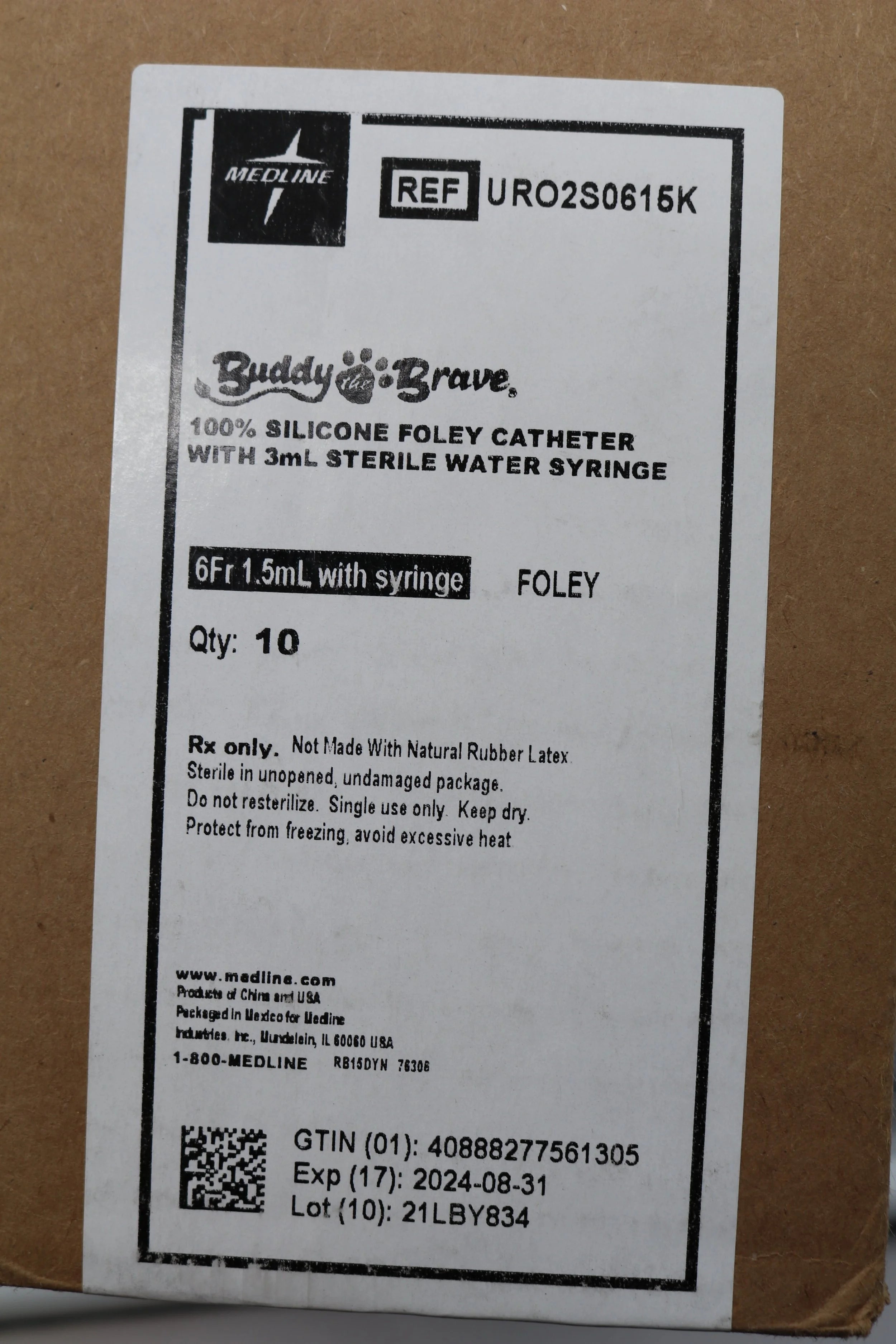 Medline | URO2S0615K | Buddy the Brave 100% Silicone Foley Catheter with 3mL Sterile Water Syringe 6Fr