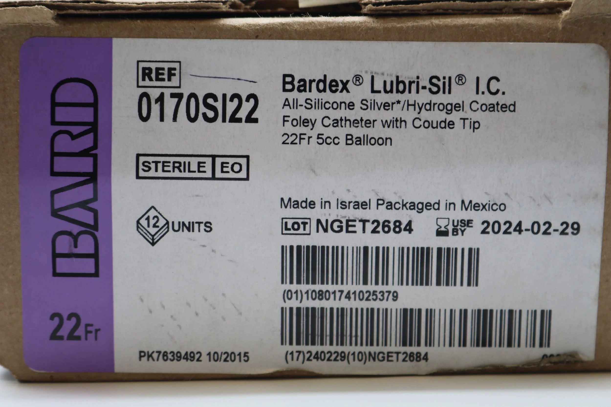 Bard | 0170SI22 | Bardex Lubri-Sil I.C. All-Silicone Silver/Hydrogel Coated Foley Catheter with Coude Tip 22Fr 5cc Balloon