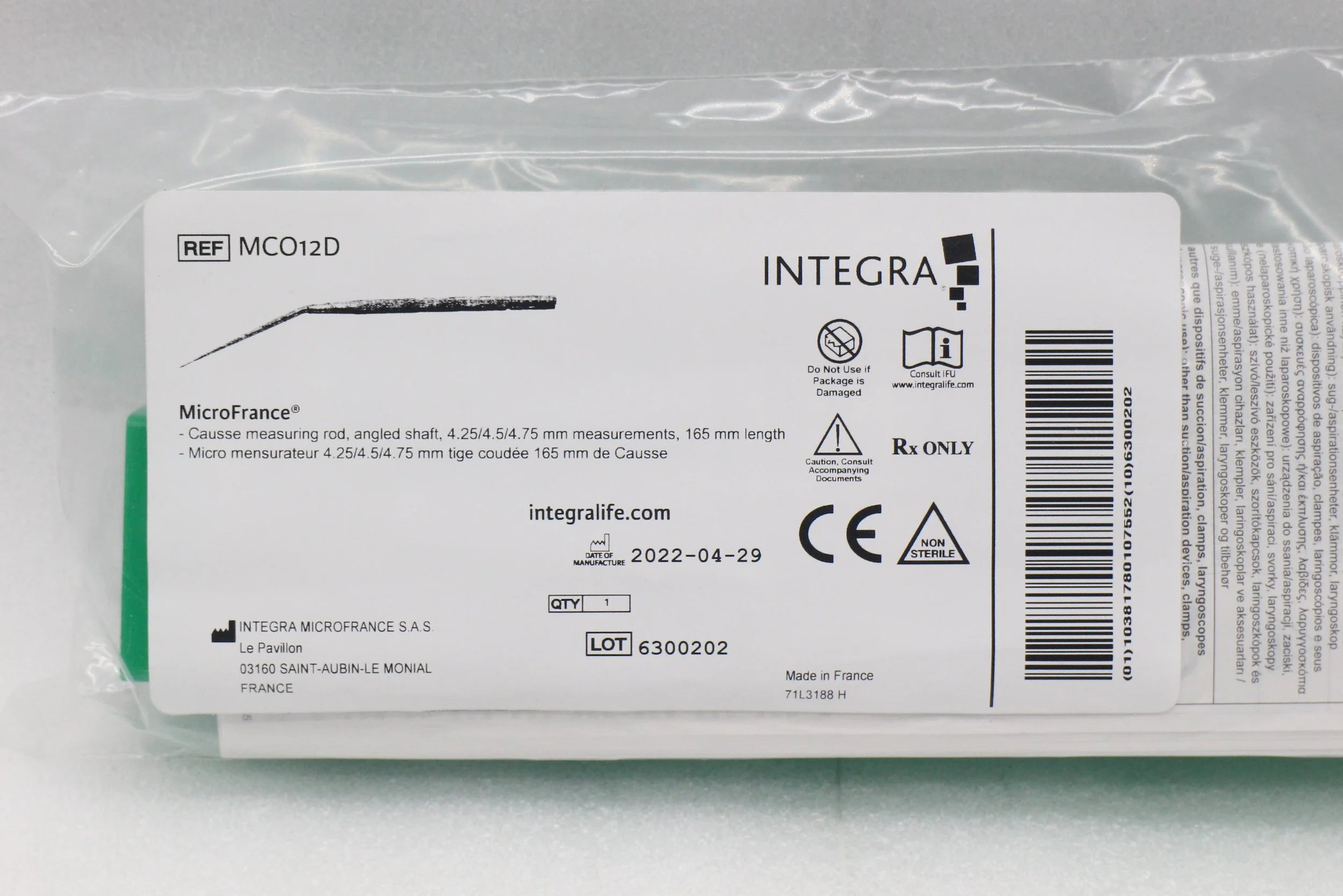 Integra | MCO12D | Open Box MicroFrance Causse measuring rod, angled shaft, 4.25/4.5/4.75mm measurements, 165mm length