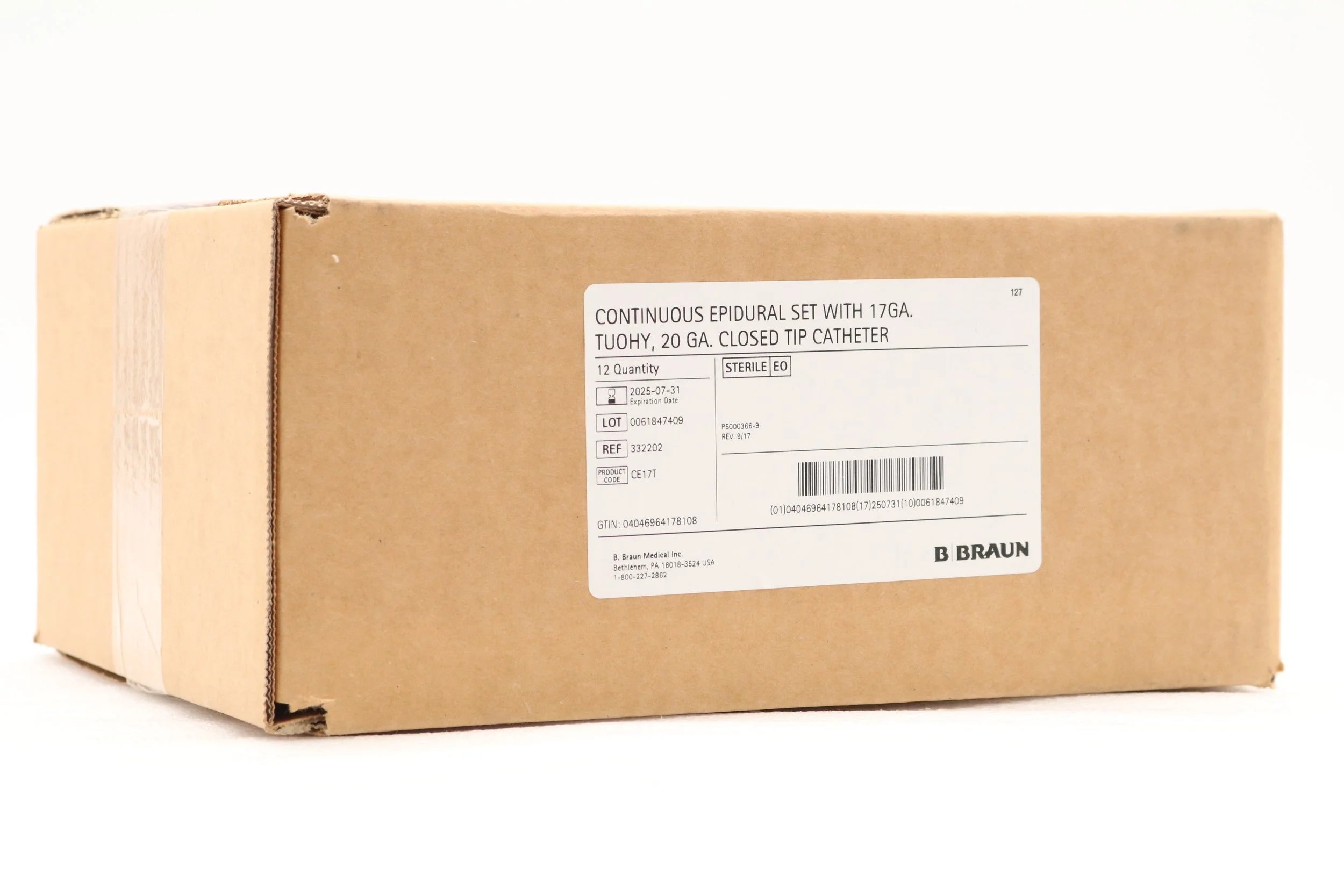 B Braun | 332202 | TRAY, EPIDURAL, CONTINUOUS, TUOHY, 17G