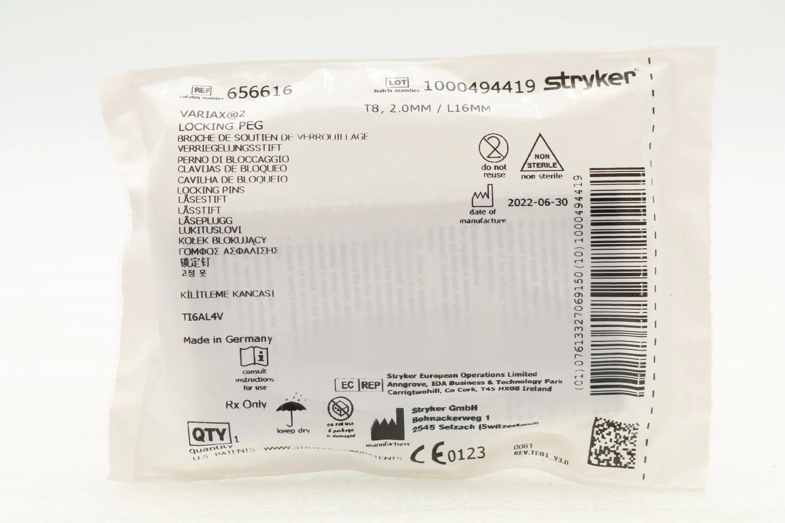 Stryker | 656616 | VariAx 2 T8 Locking Peg 2.0mm x 16mm