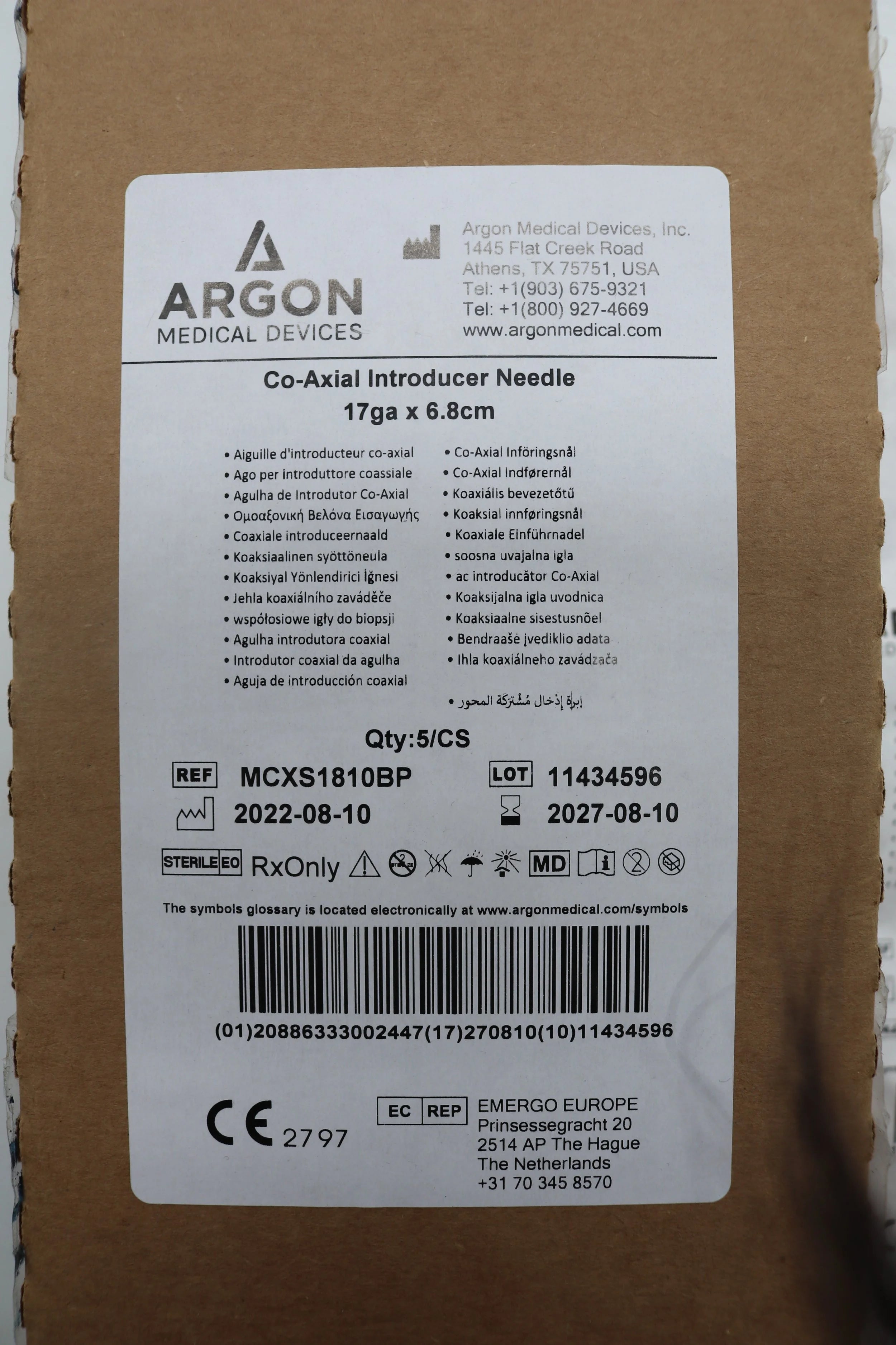 Argon Medical Devices | MCXS1810BP | Co-Axial Introducer Needle 17ga x 6.8cm
