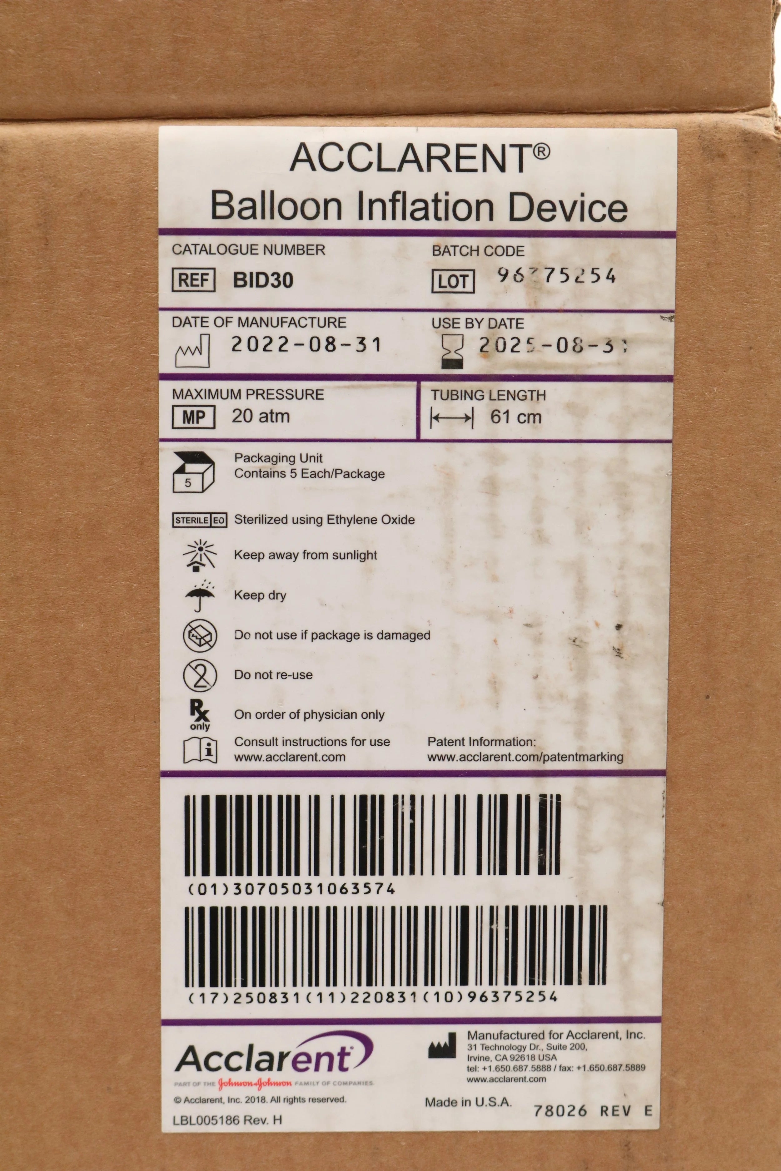 Johnson & Johnson | BID30 | INFLATION DEVICE, 20 ATM (PRESSURE), 61CM (TUBING LENGTH)