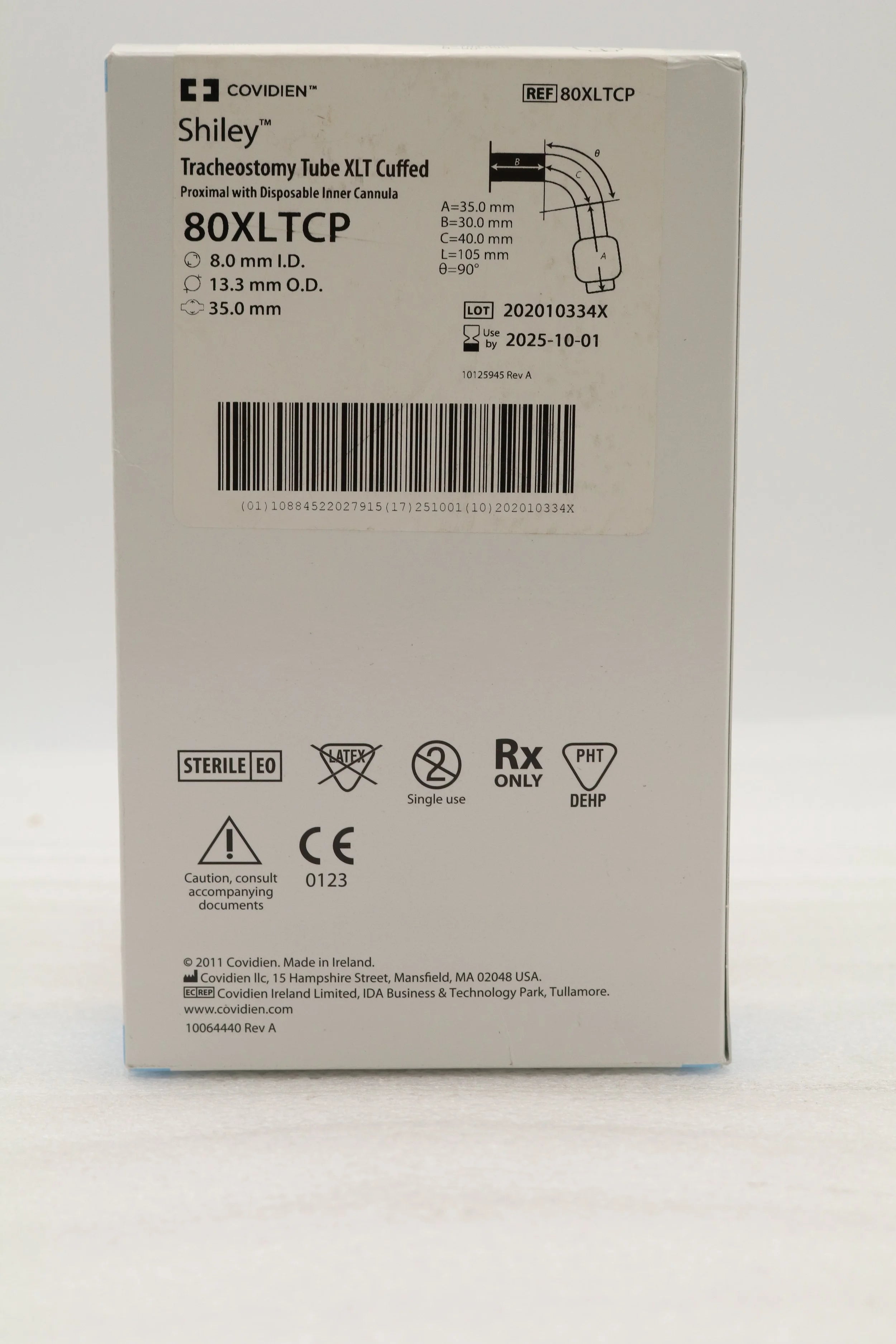 Covidien | 80XLTCP | SHILEY TRACHEOSTOMY TUBE XLT CUFFED, PROXIMAL WITH DISPOSABLE INNER CANNULA, 8.0MM I.D., 13.3MM O.D., 35.0MM