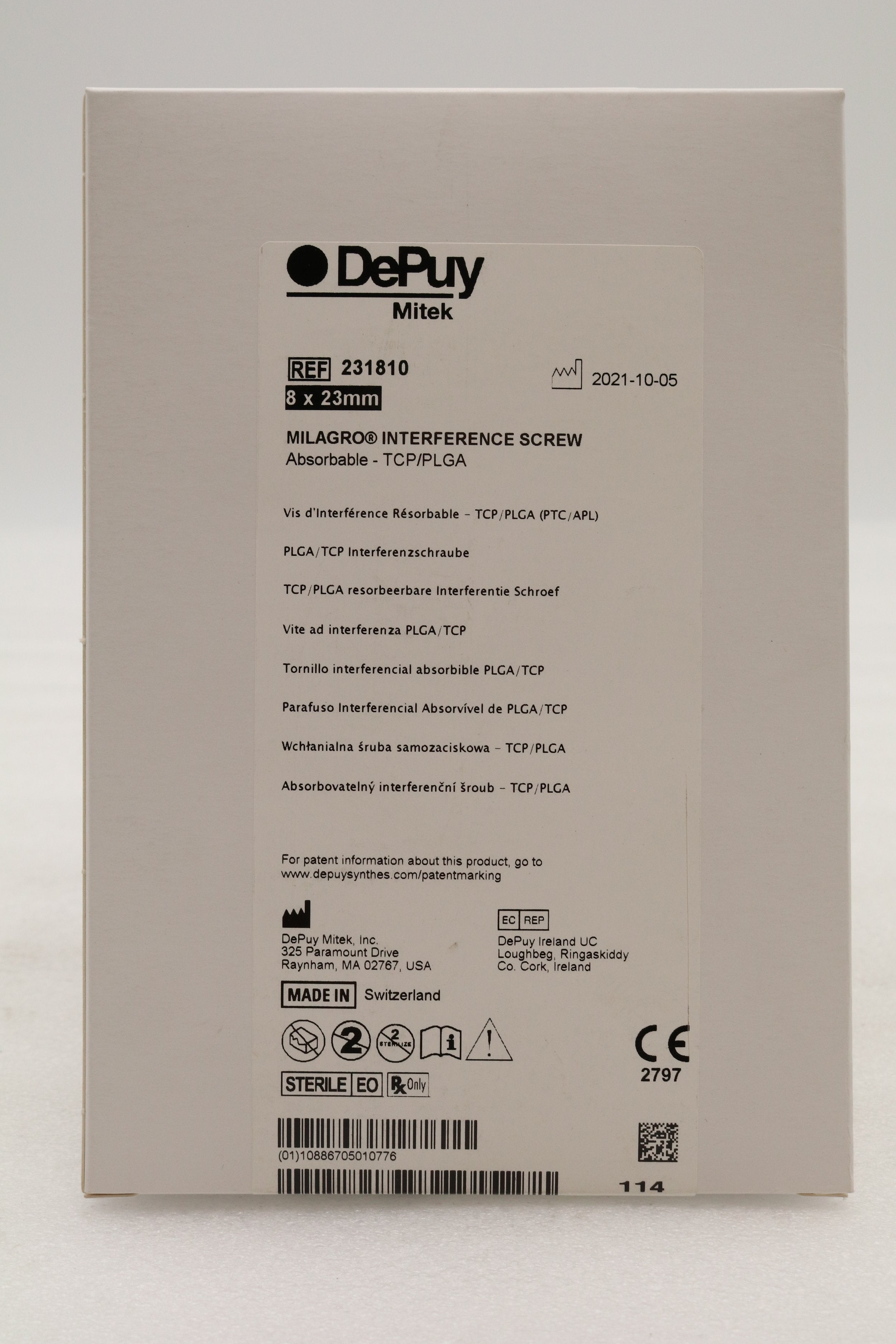 Depuy Synthes | 231810 | Milagro Interference Screw 8 X 23 mm, Absorbable-TCP/PLGA, Sterile, Single Use Only