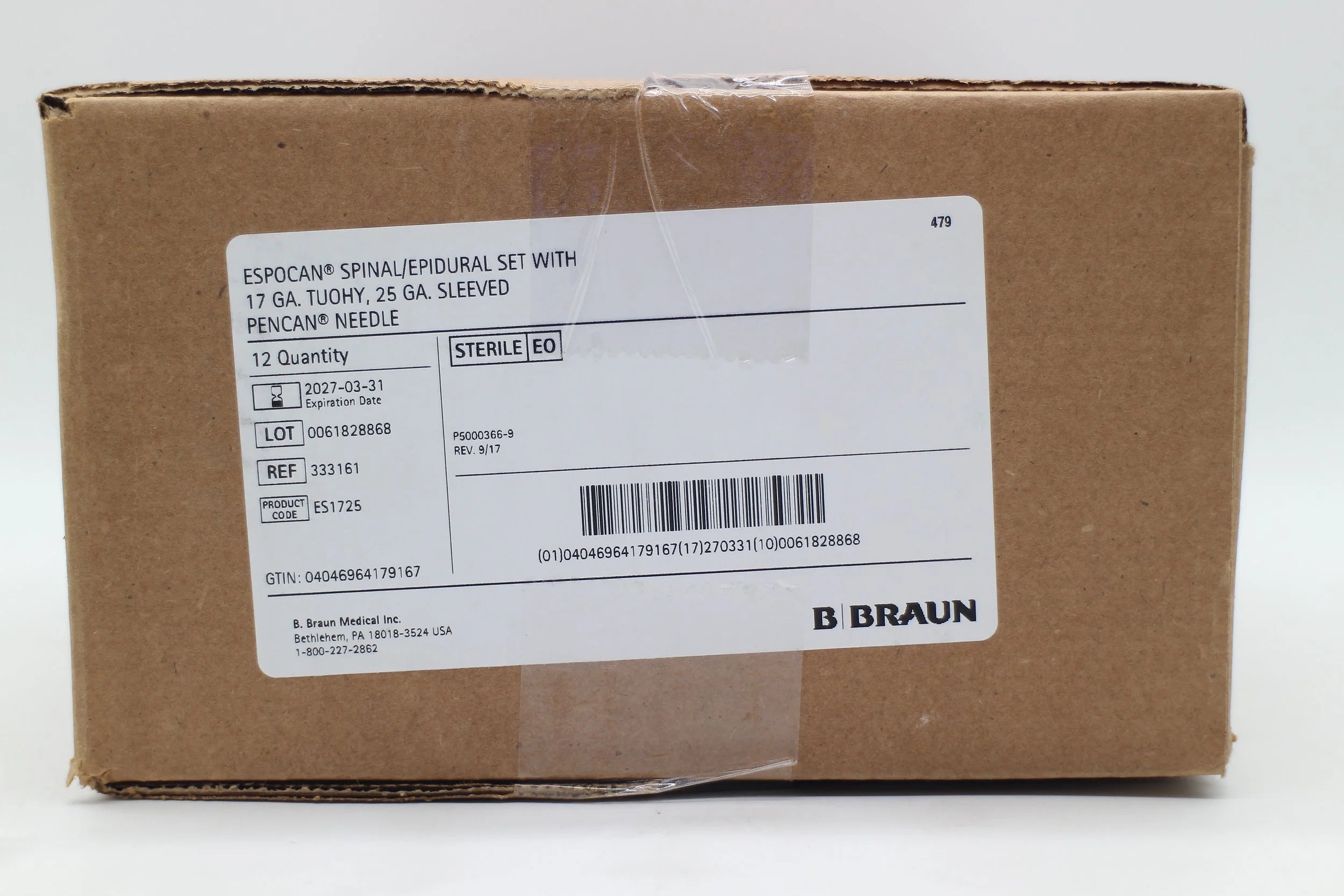 B Braun | 333161 | EPSOCAN Spinal/Epidural Set with 17 ga. Tuohy, 25 ga. Sleeved Pencan Needle