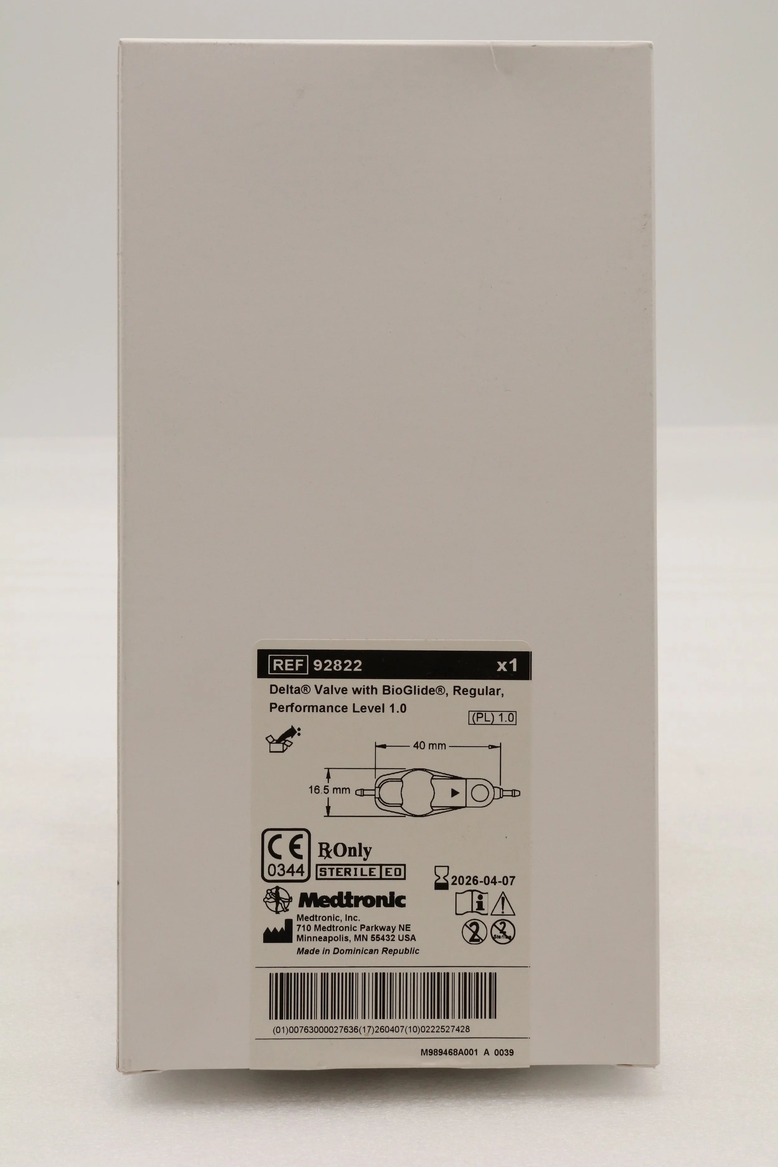 Medtronic | 92822 | DELTA VALVE WITH BIOGLIDE REGULAR PERFORMANCE LEVEL 1.0 16.5MM X 40MM